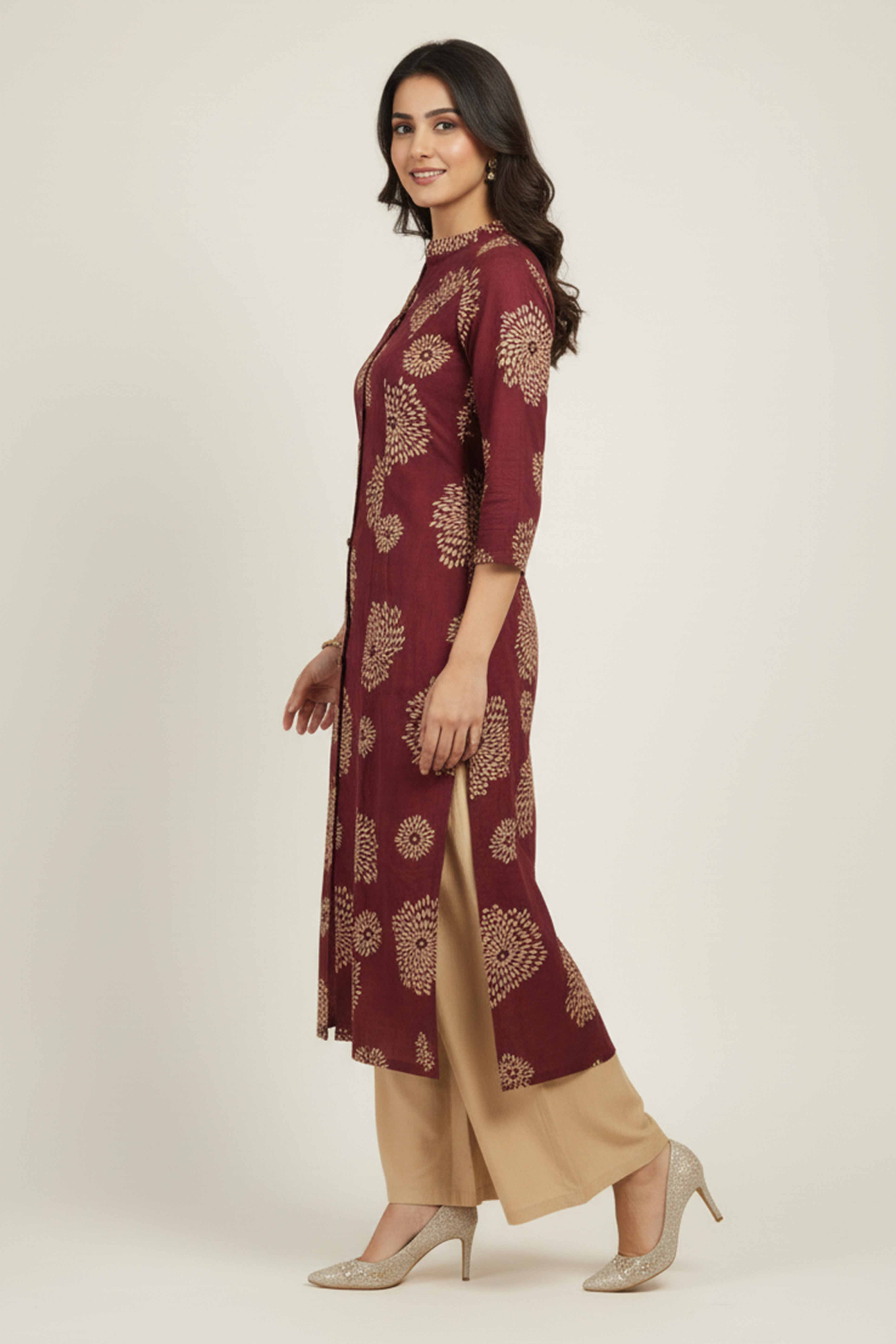 Maroon A-Line Kurti in Rayon with Stylish Foil Floral Pattern