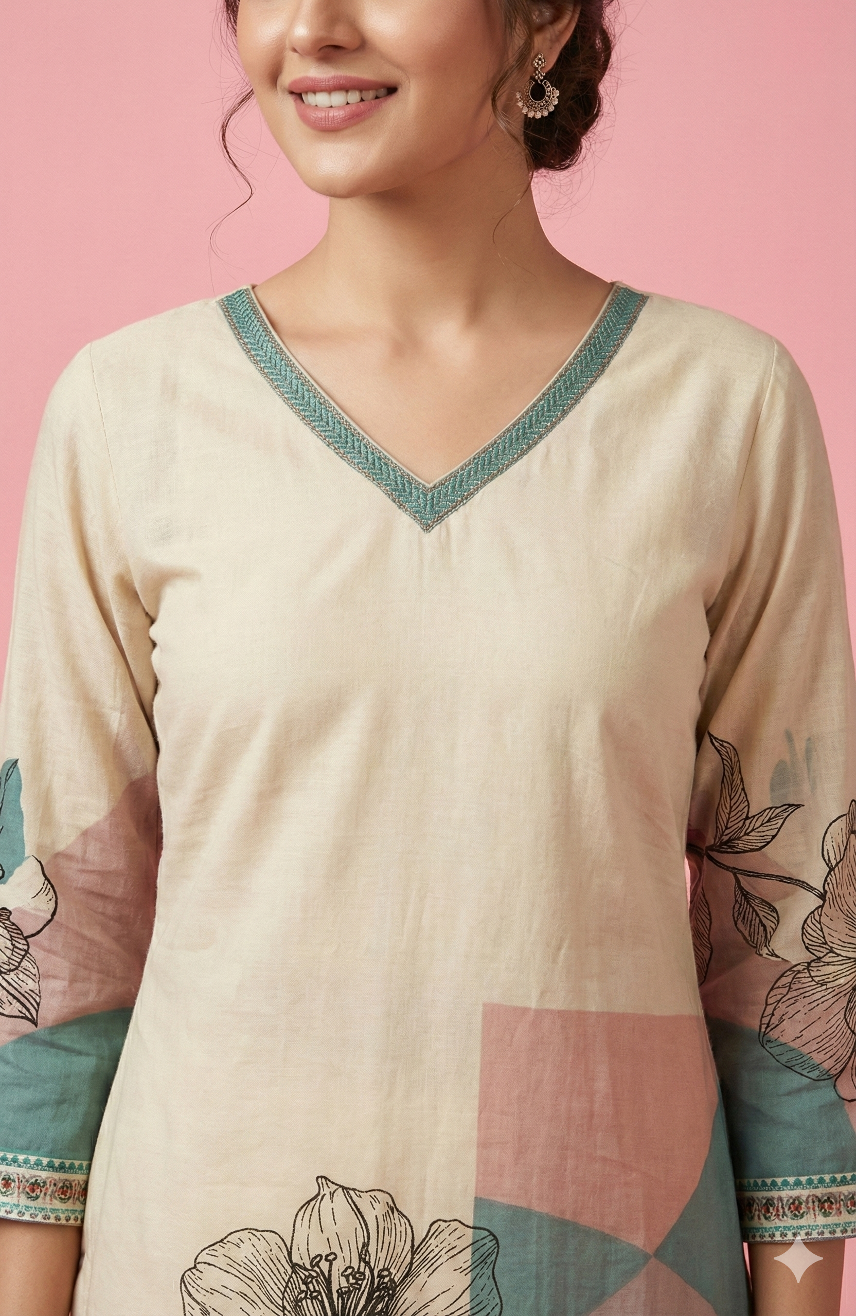 Cream Straight Cut Salwar Suit Crafted in Pure Viscose Linen with Floral Print