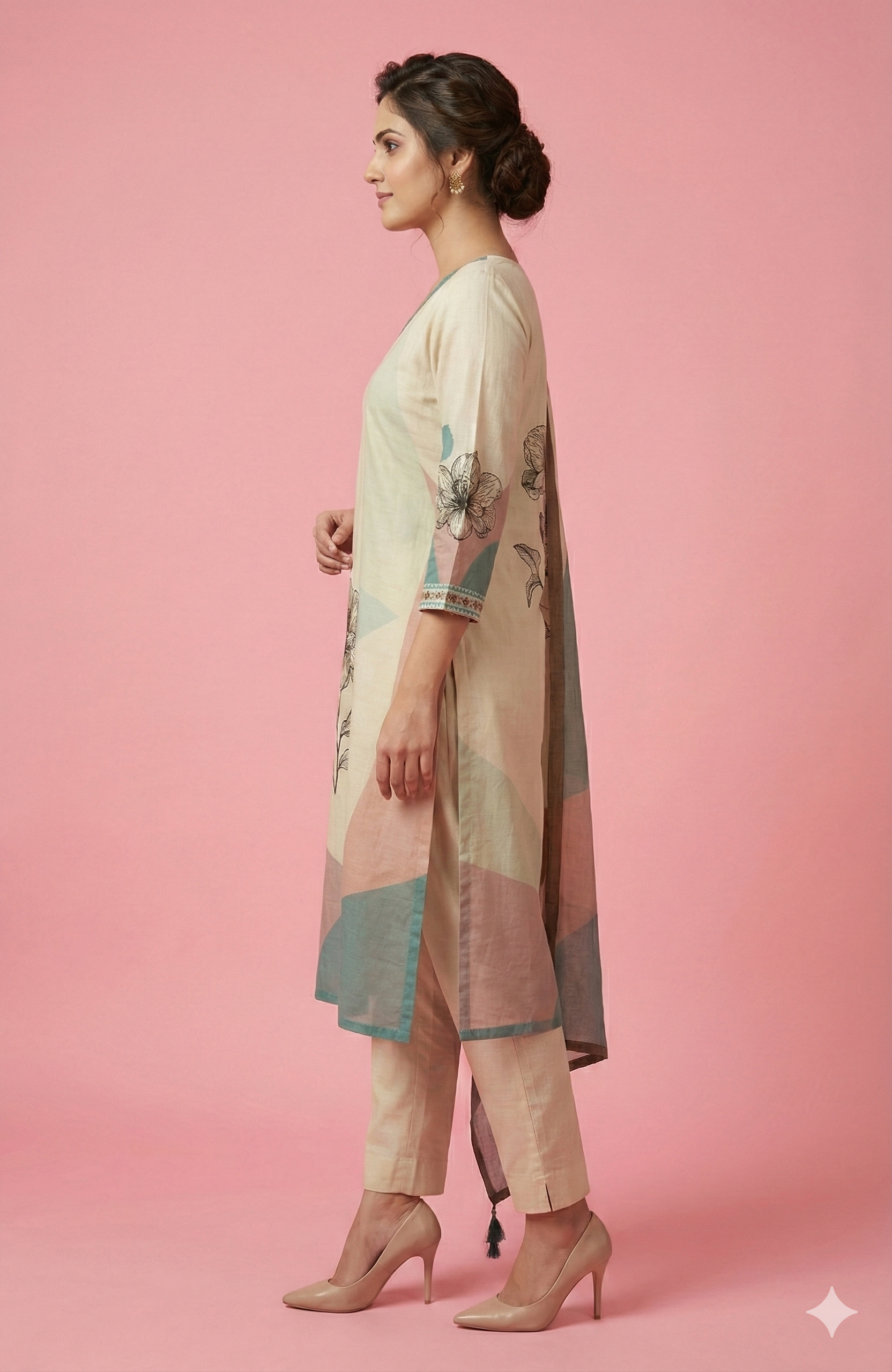 Cream Straight Cut Salwar Suit Crafted in Pure Viscose Linen with Floral Print