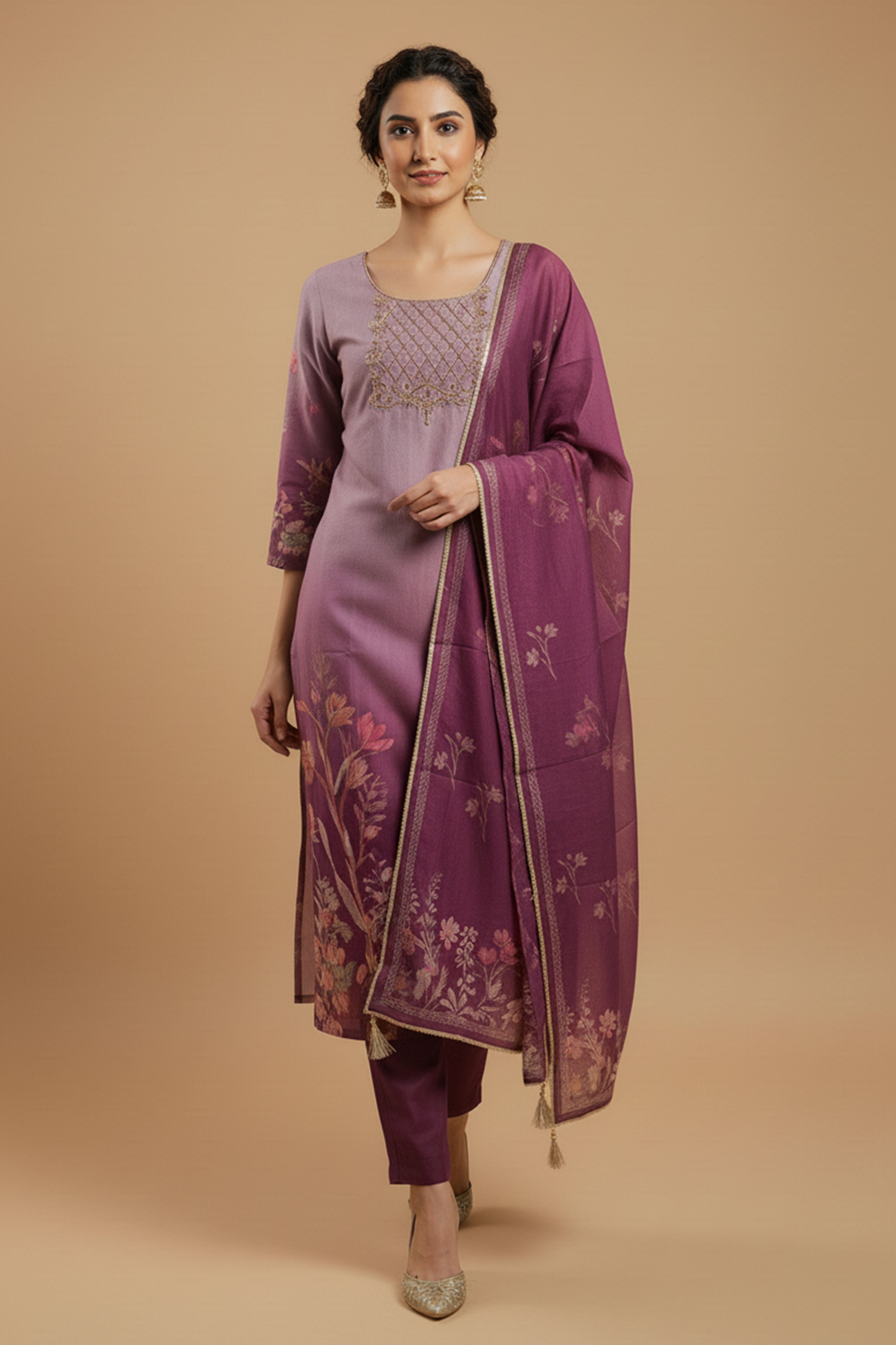 Purple Muslin Straight Cut Suit Featuring Handcrafted Embroidery & Floral Prints