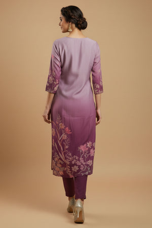 Purple Chanderi Silk Straight Cut Suit Featuring Handcrafted Embroidery & Floral Prints