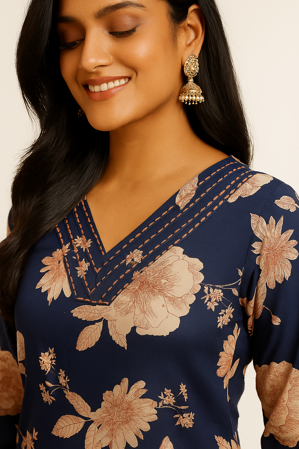 Dark Blue Pure Cotton A-Line Top & Bottom Set with Floral Print