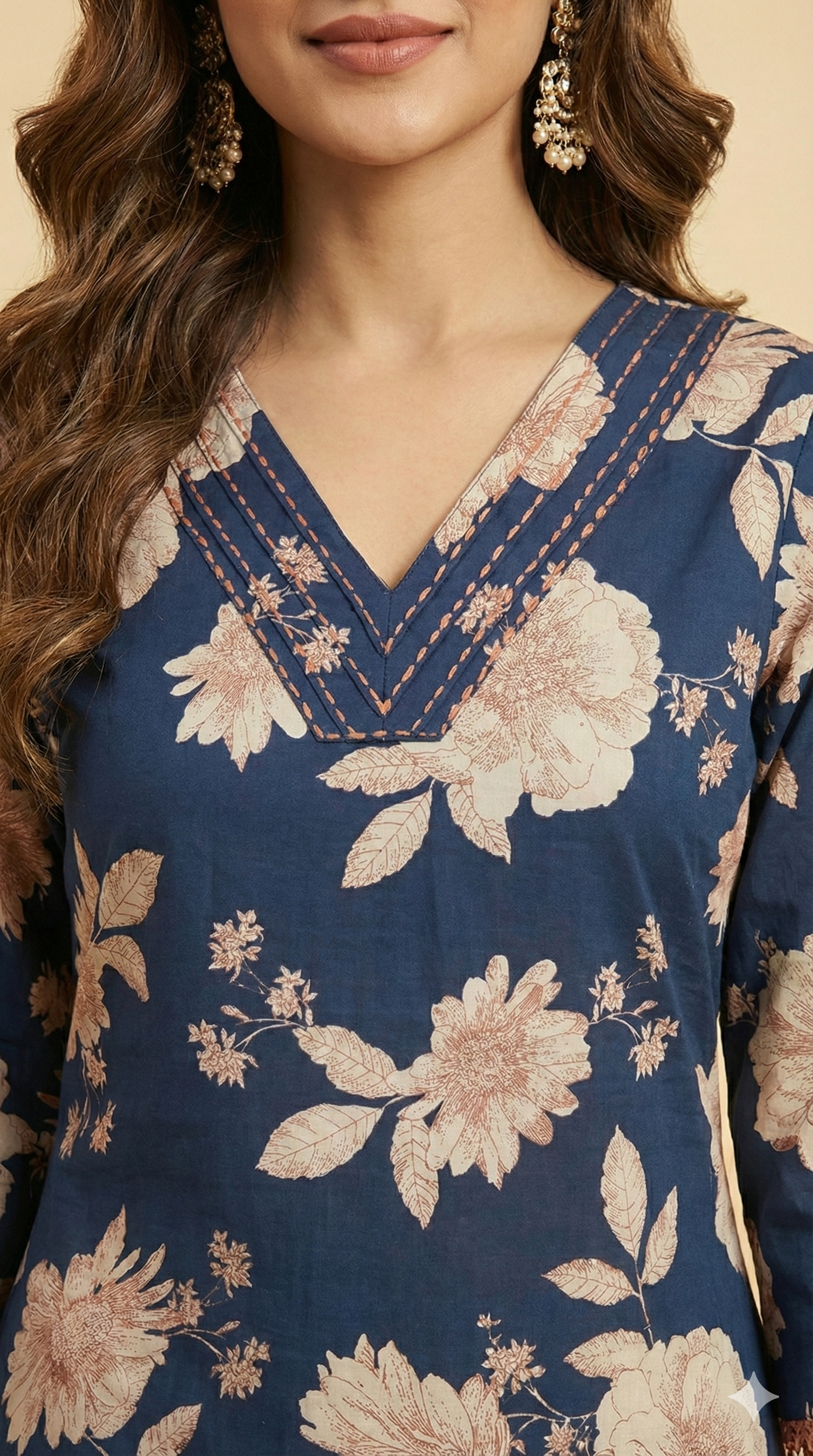 Dark Blue Pure Cotton A-Line Top & Bottom Set with Floral Print