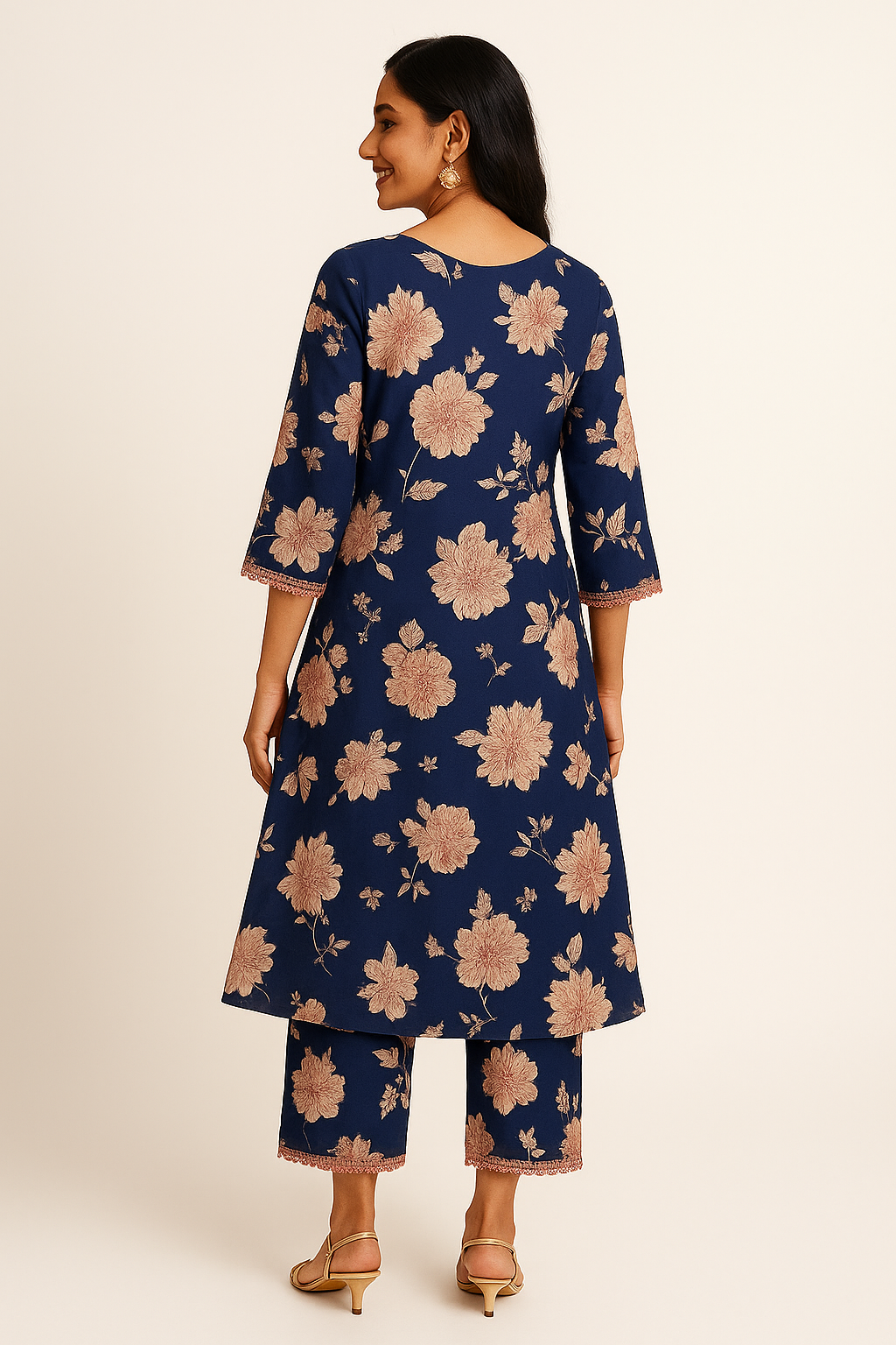 Dark Blue Pure Cotton A-Line Top & Bottom Set with Floral Print