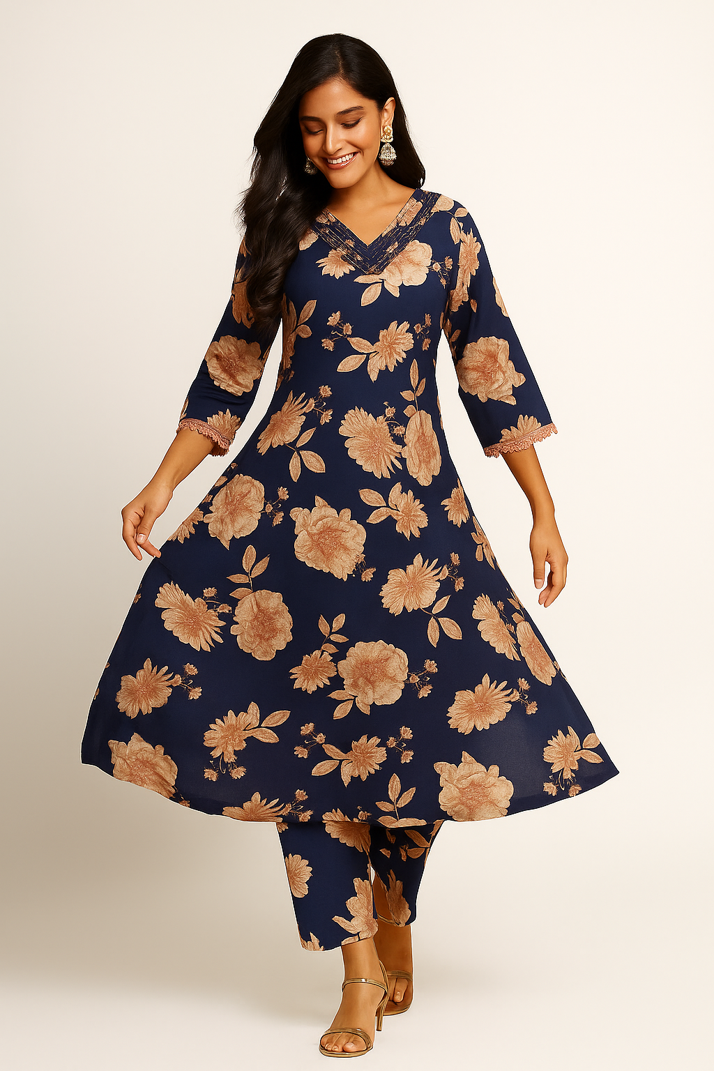 Dark Blue Pure Cotton A-Line Top & Bottom Set with Floral Print