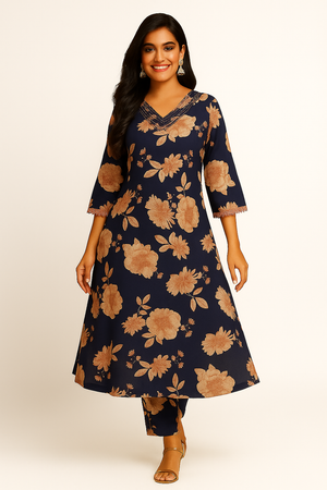 Dark Blue Pure Cotton A-Line Top & Bottom Set with Floral Print
