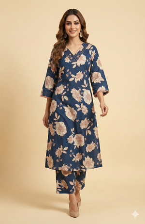 Dark Blue Pure Cotton A-Line Top & Bottom Set with Floral Print
