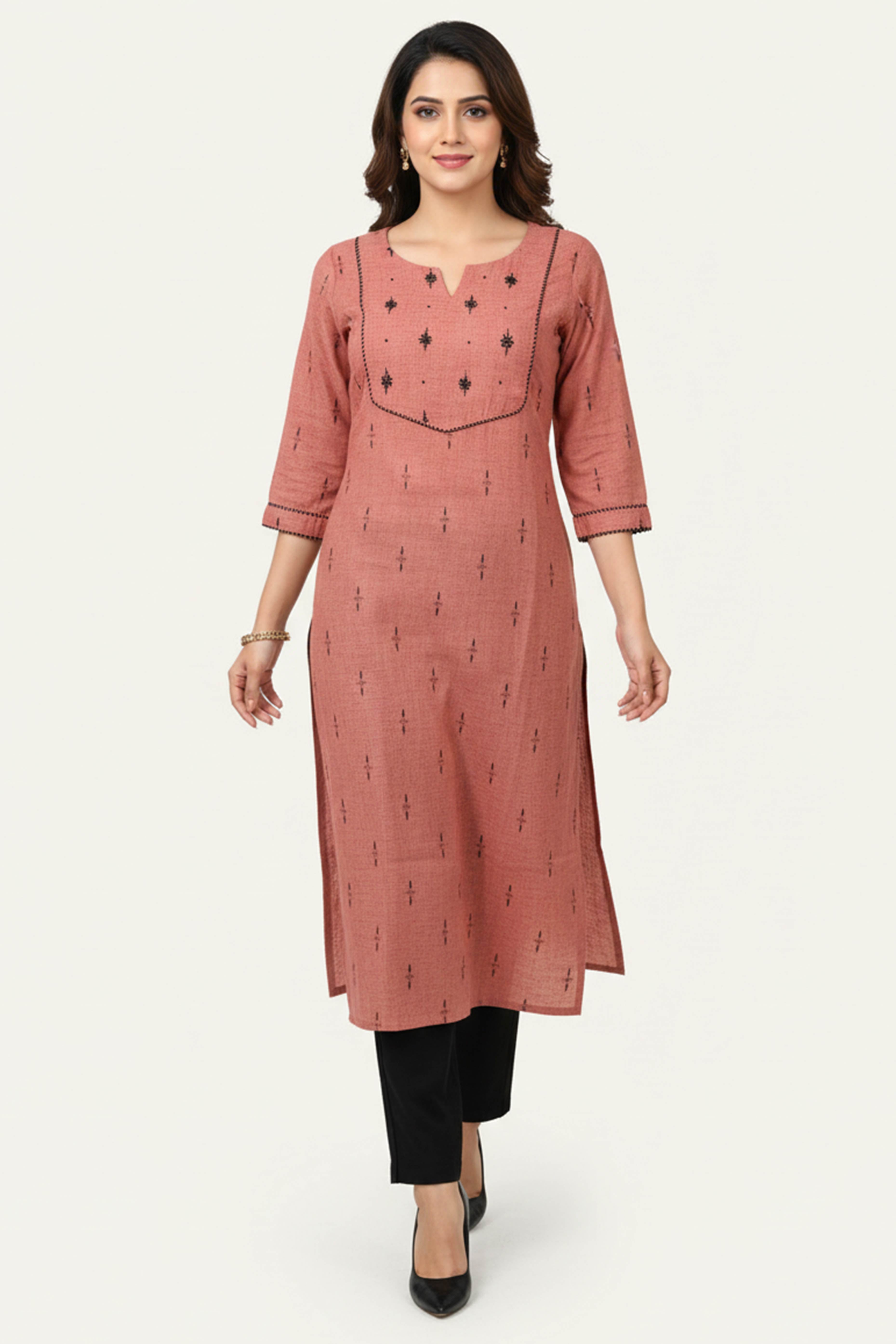Rust Woven Design Pure Cotton Straight Kurti