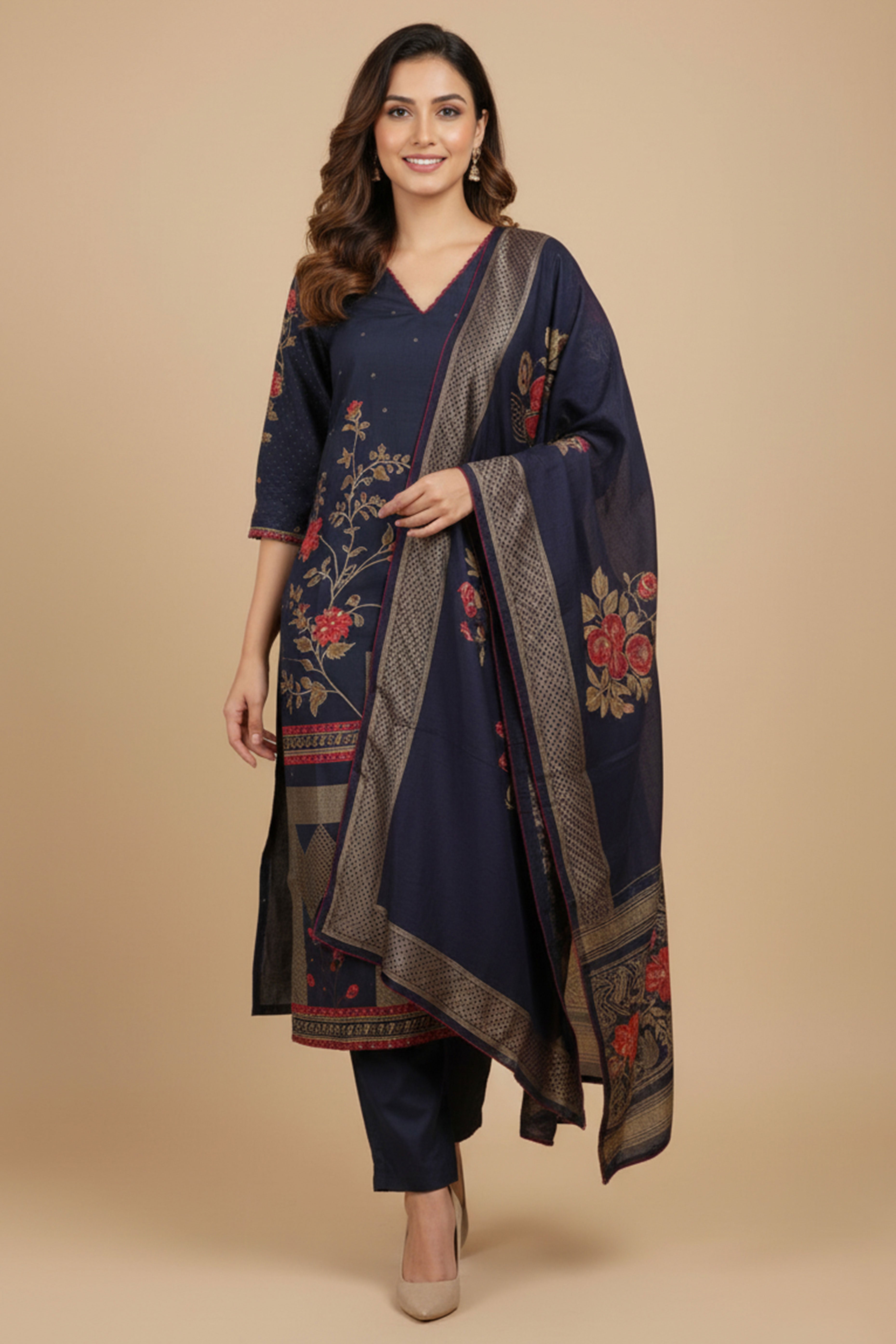 Alluring Navy Blue Pure Muslin Suit Highlighted with Elegant Floral Artwork