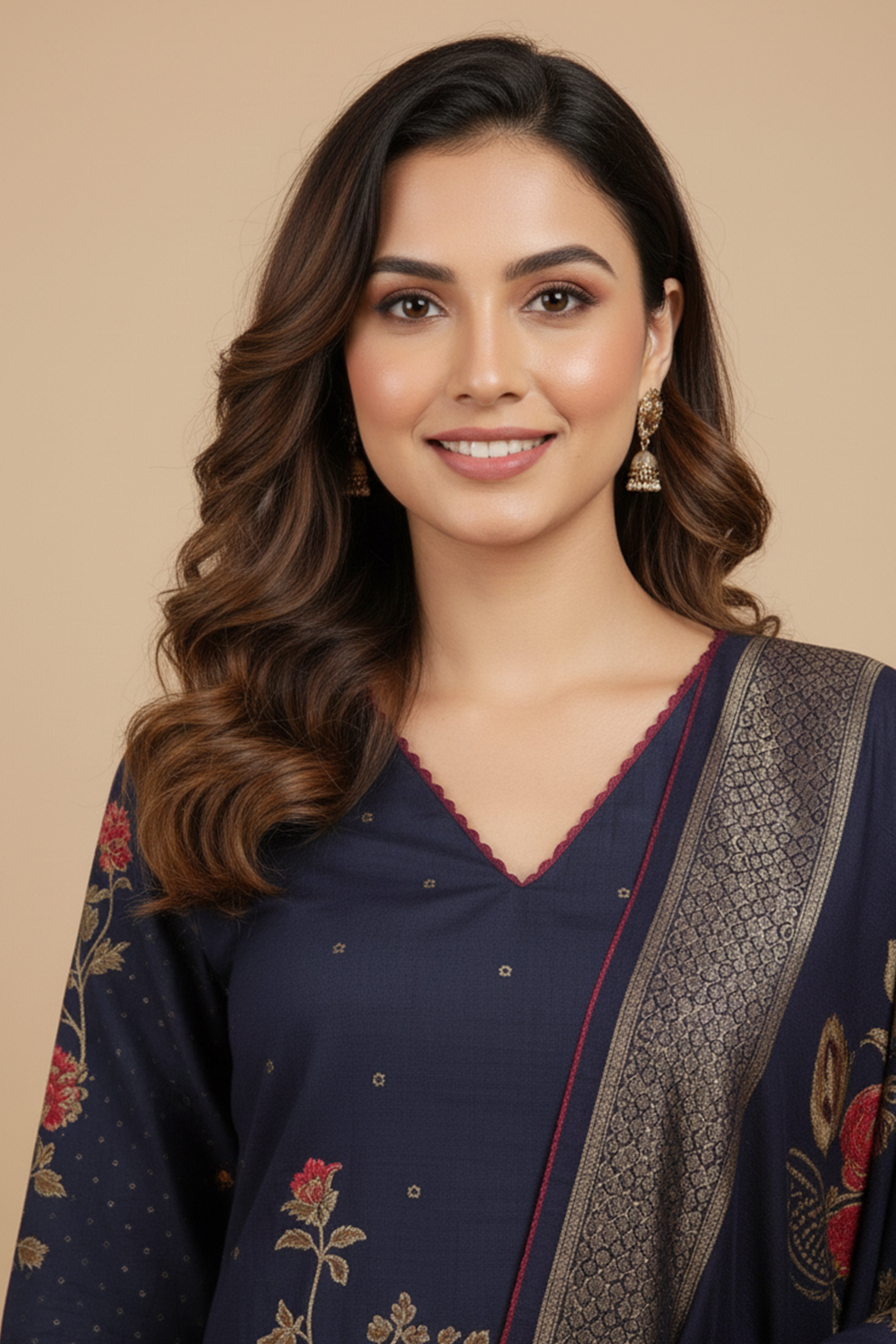 Alluring Navy Blue Pure Muslin Suit Highlighted with Elegant Floral Artwork