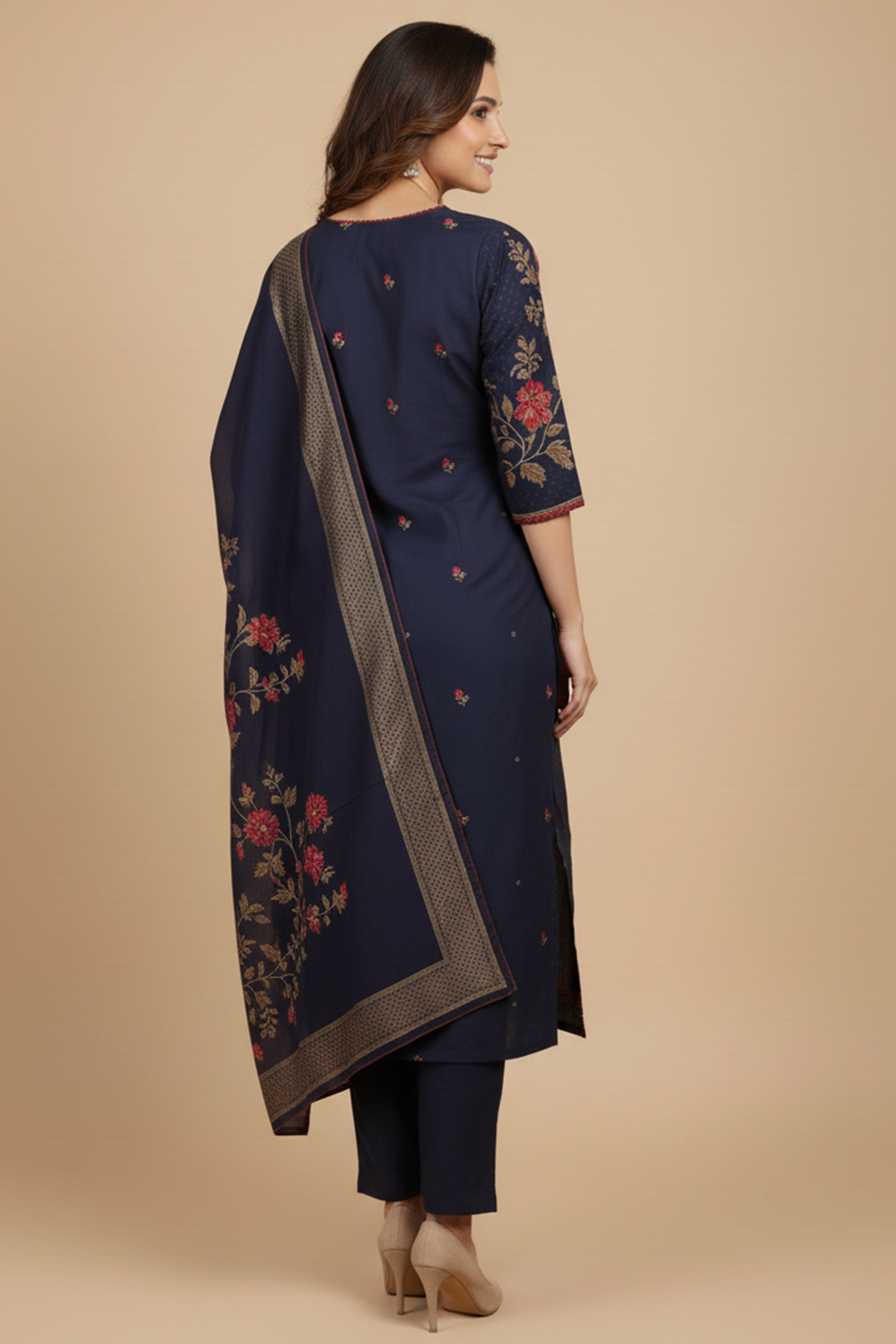 Alluring Navy Blue Pure Muslin Suit Highlighted with Elegant Floral Artwork