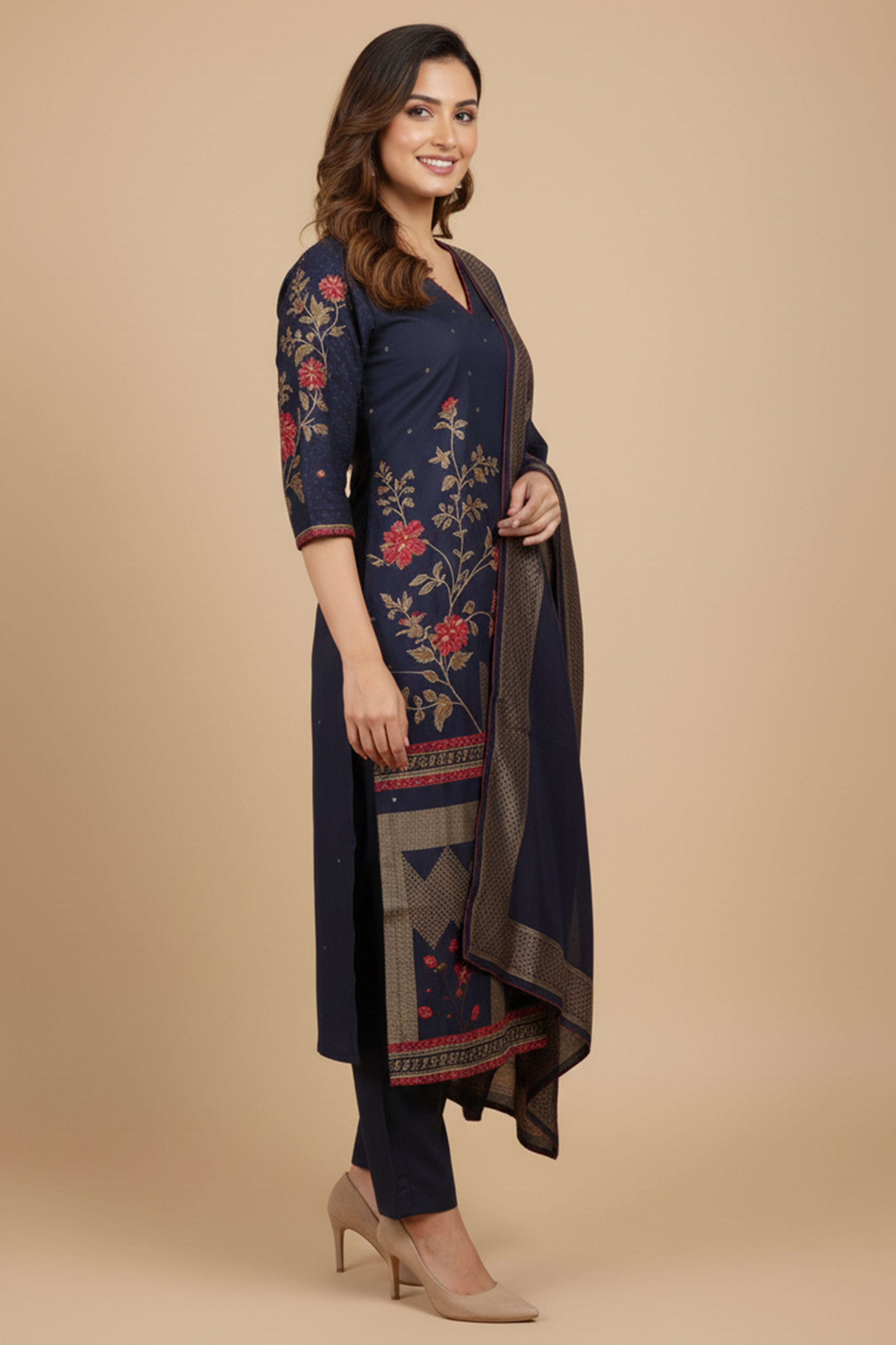 Alluring Navy Blue Pure Muslin Suit Highlighted with Elegant Floral Artwork