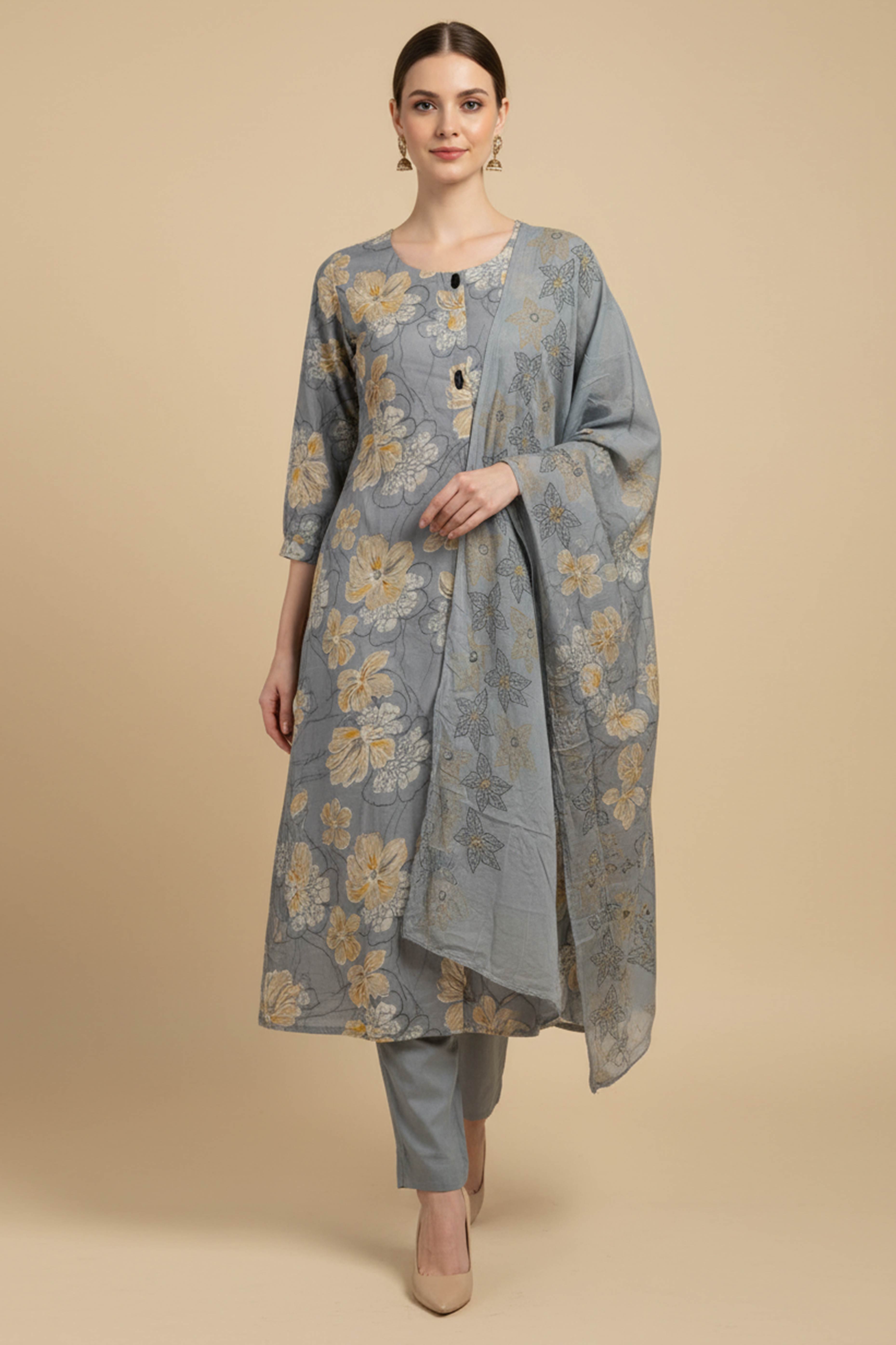 Powder Blue Salwar Suit in Pure Cotton Featuring Floral Prints & Slit Design