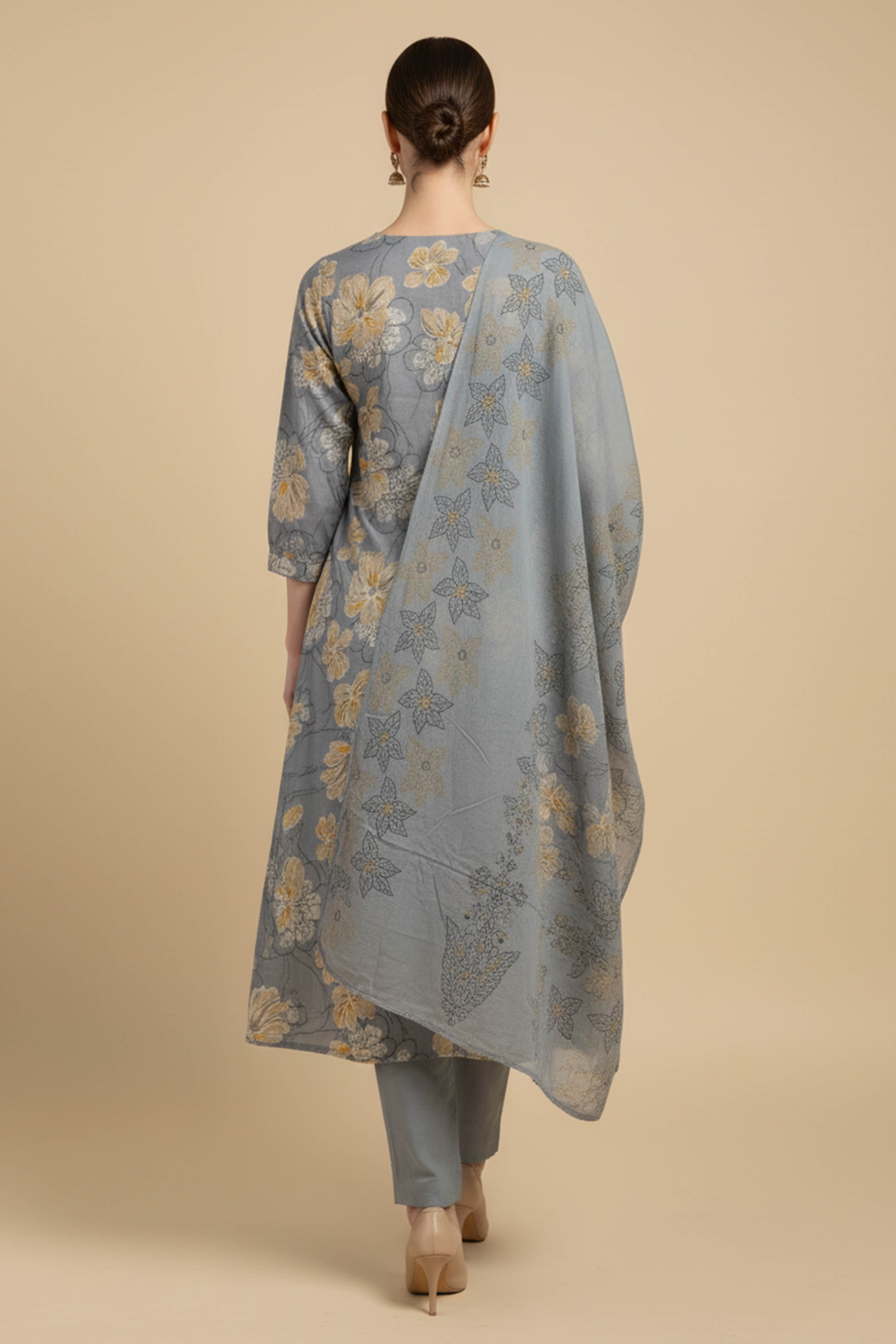 Powder Blue Salwar Suit in Pure Cotton Featuring Floral Prints & Slit Design