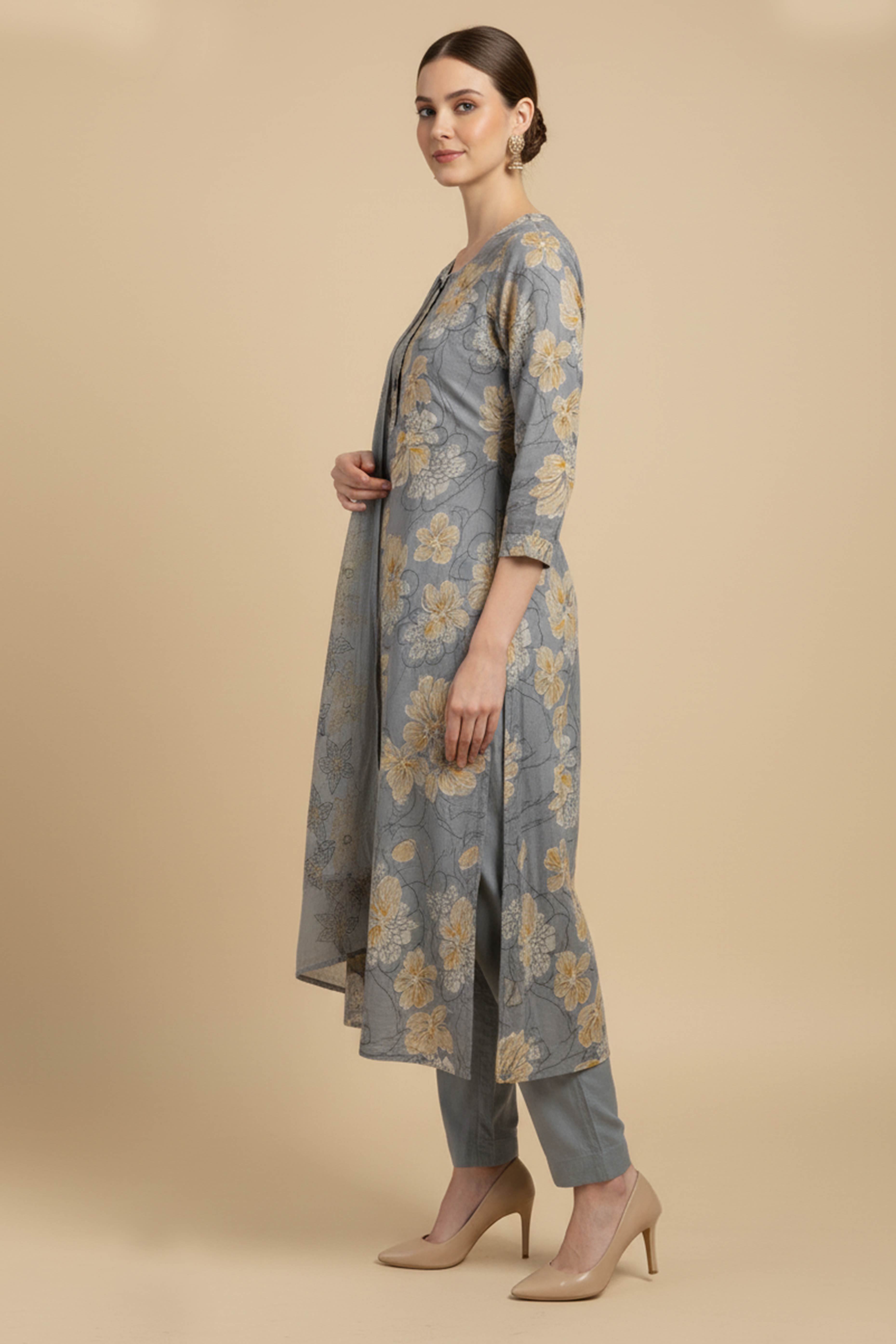 Powder Blue Salwar Suit in Pure Cotton Featuring Floral Prints & Slit Design