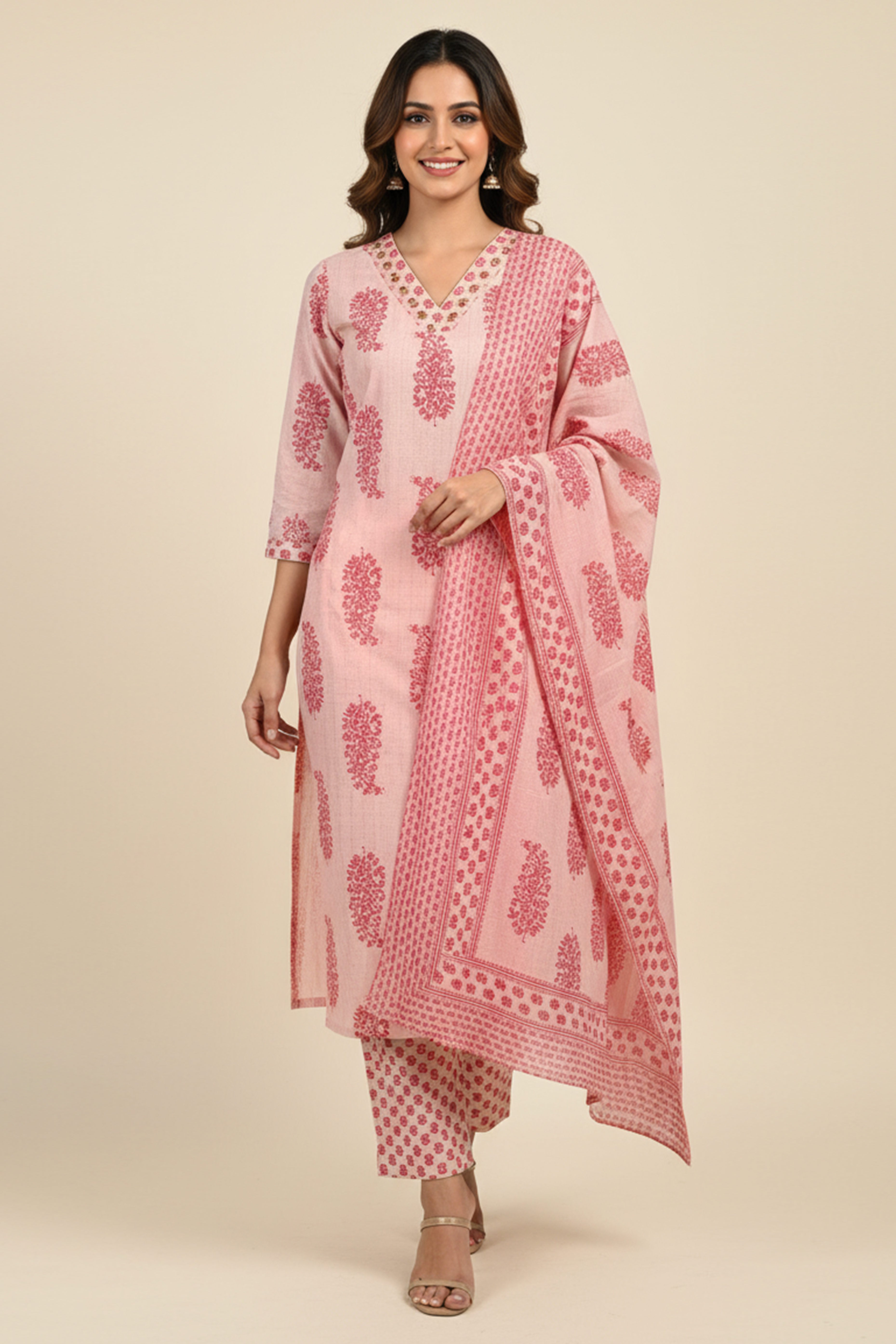 Chic Reddish Pink Straight Cut Salwar Suit Embellished With Sequin Embroidery & Intricate Prints