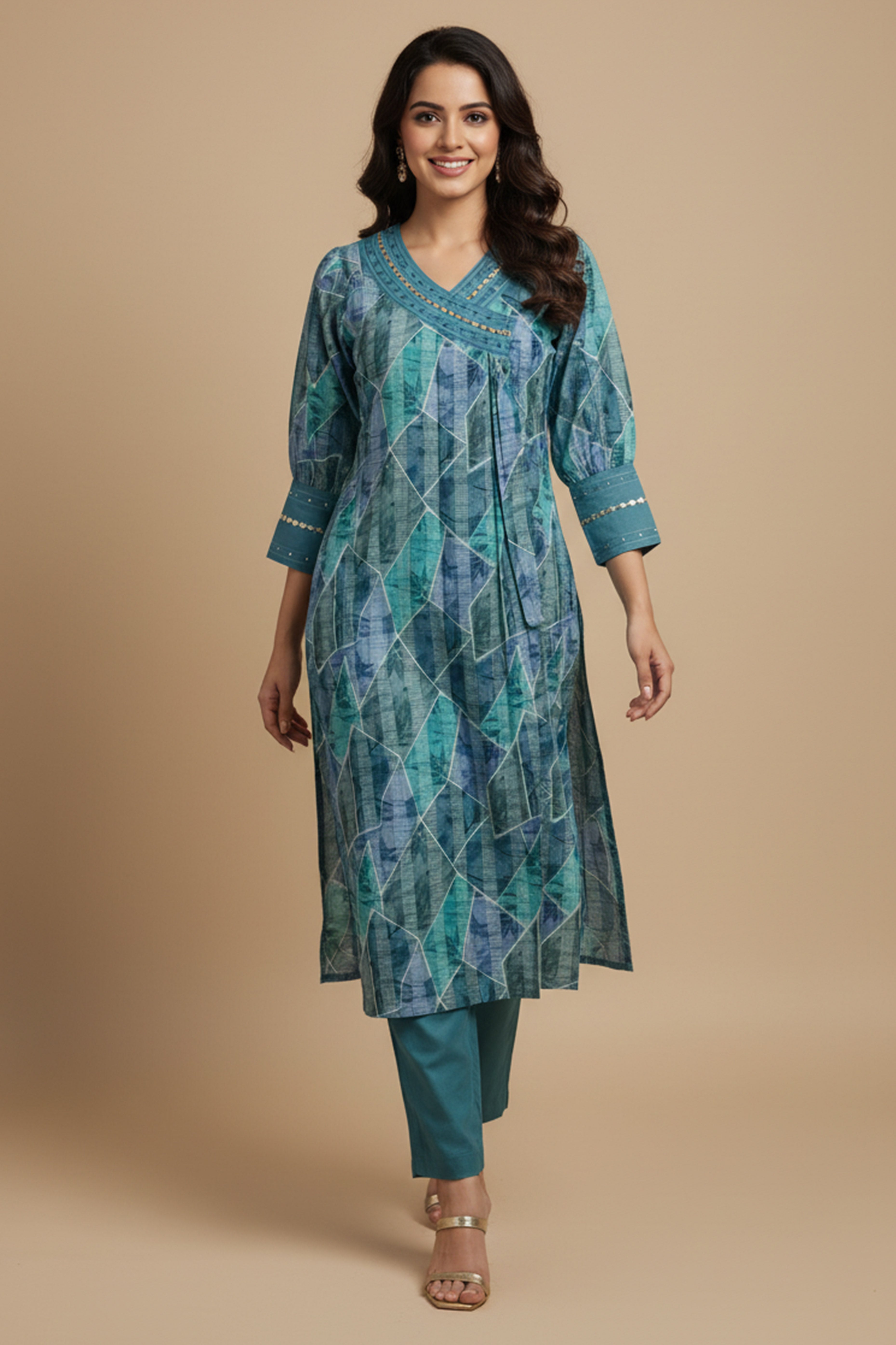 Light Teal Viscose Blend Slub Printed Top Bottom Set with Delicate Katha Work Accents
