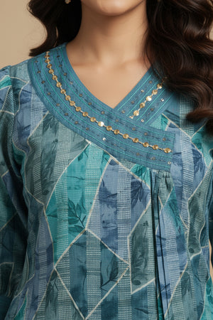 Light Teal Viscose Blend Slub Printed Top Bottom Set with Delicate Katha Work Accents
