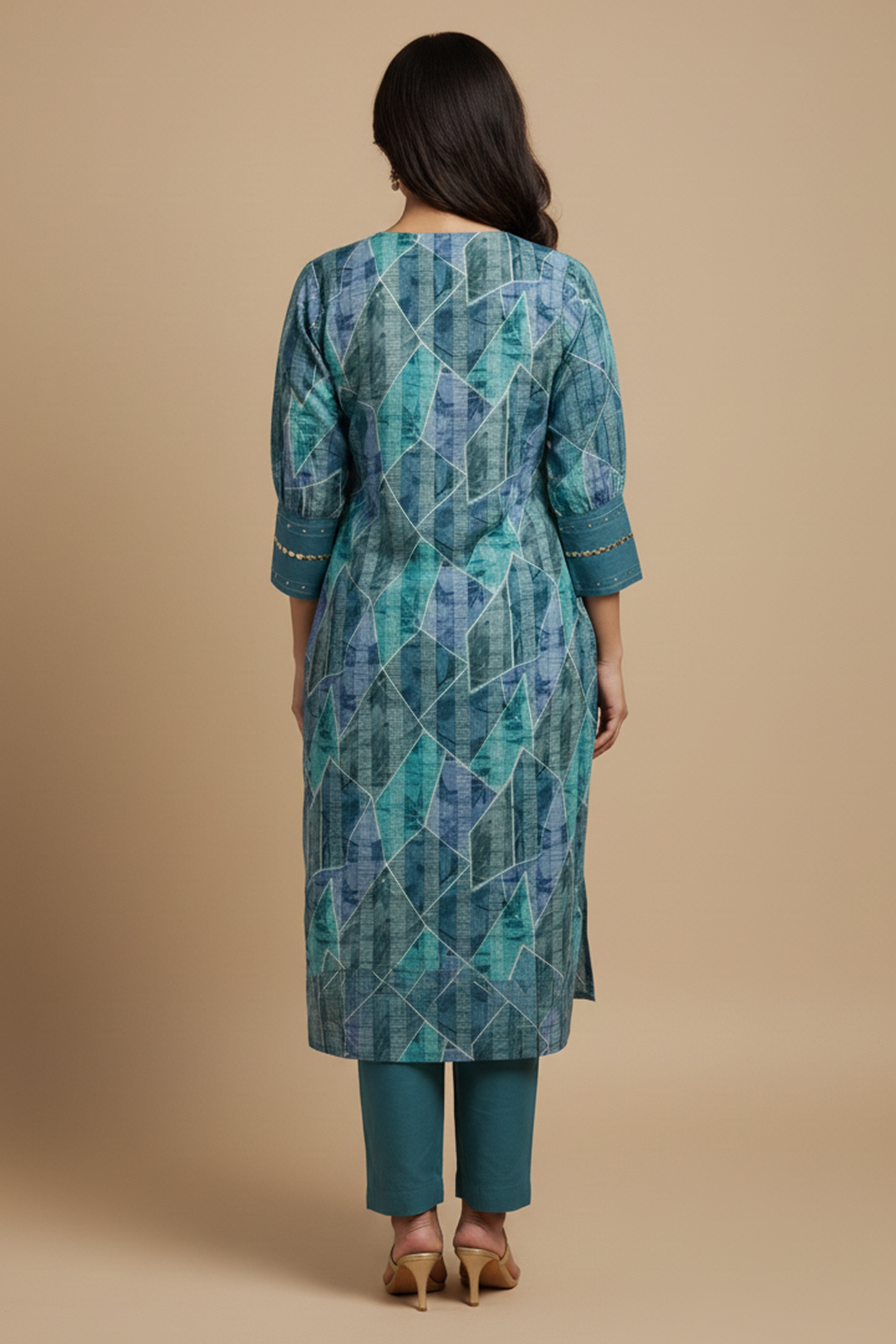 Light Teal Viscose Blend Slub Printed Top Bottom Set with Delicate Katha Work Accents
