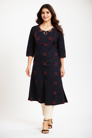 Dark Blue Handloom Cotton Woven Kurti in Elegant A-Line Silhouette