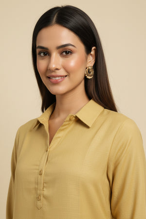 Butter Yellow Thread Embroidered Cotton Blend Top bottom set