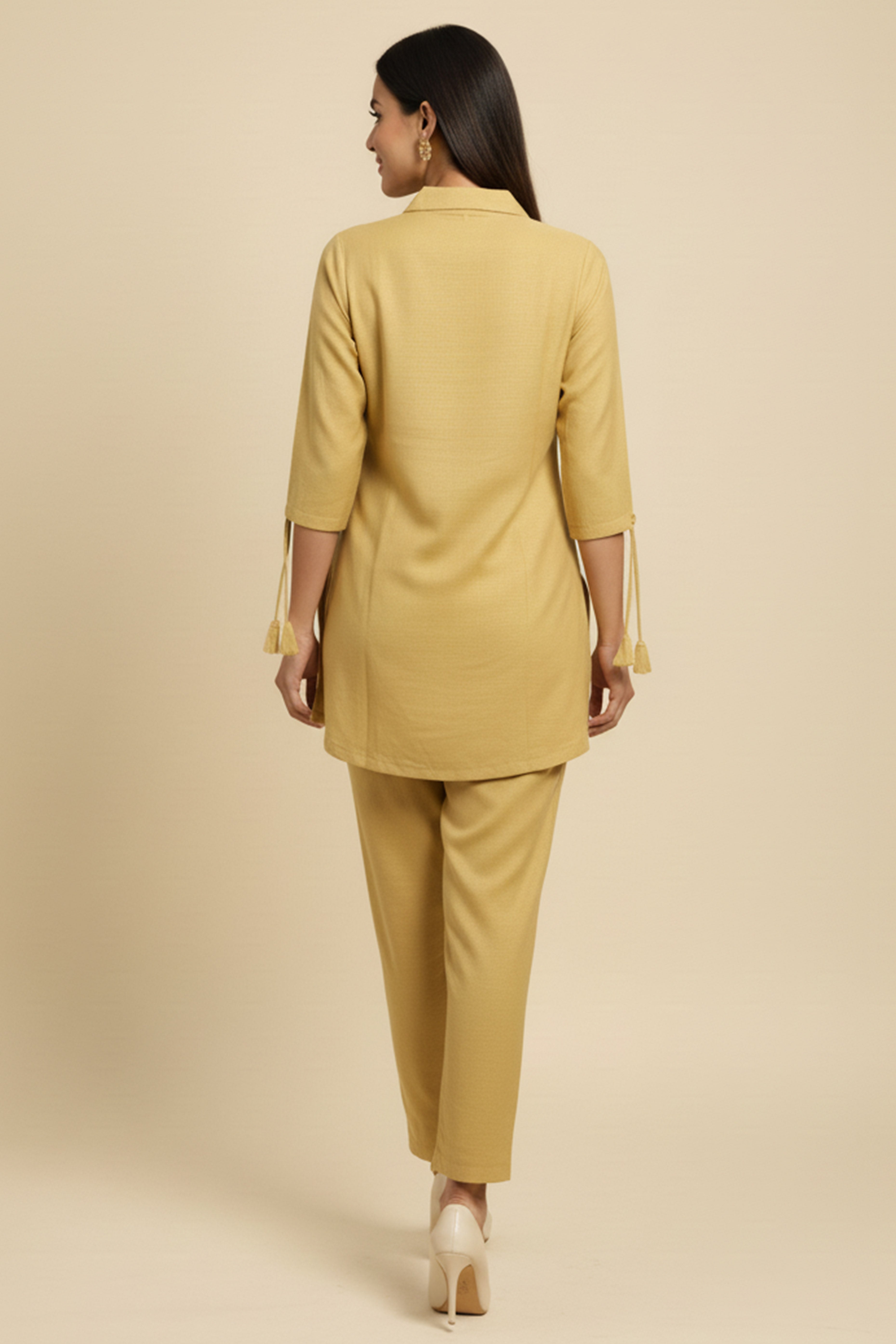 Butter Yellow Thread Embroidered Cotton Blend Top bottom set