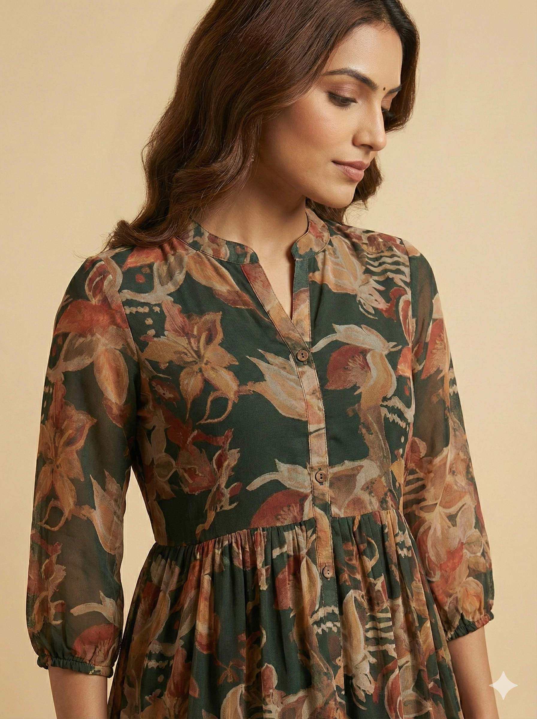 Green Floral Printed Chiffon Midi Dress Designed for Effortless Elegance