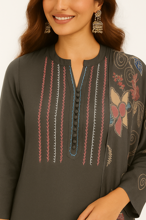 Grey Straight Salwar Suit in Viscose with Neck Embroidery Accents