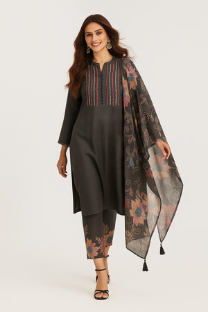 Grey Straight Salwar Suit in Viscose with Neck Embroidery Accents