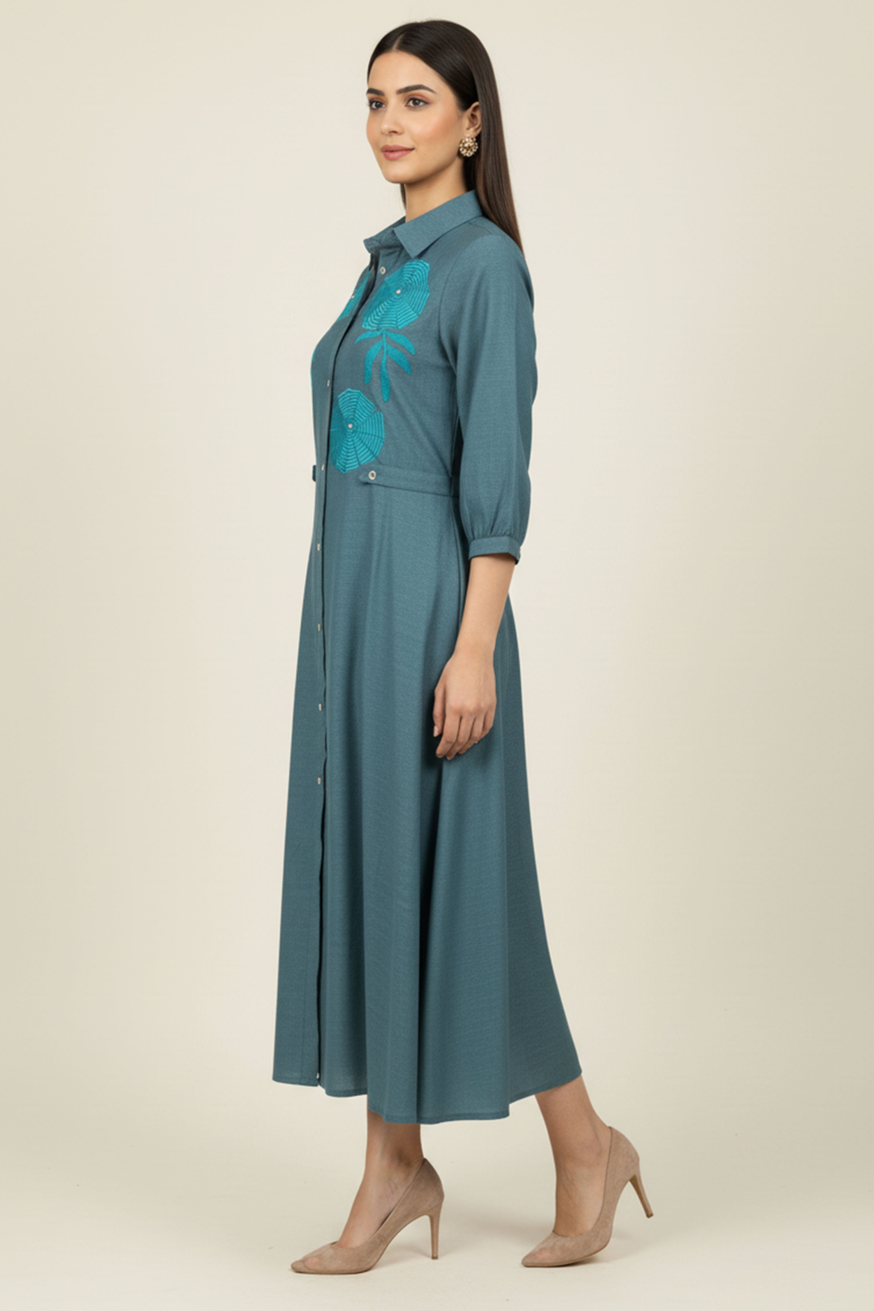 Elegant Teal Twill Cotton Dress Kurti with Delicate Floral Embroidery
