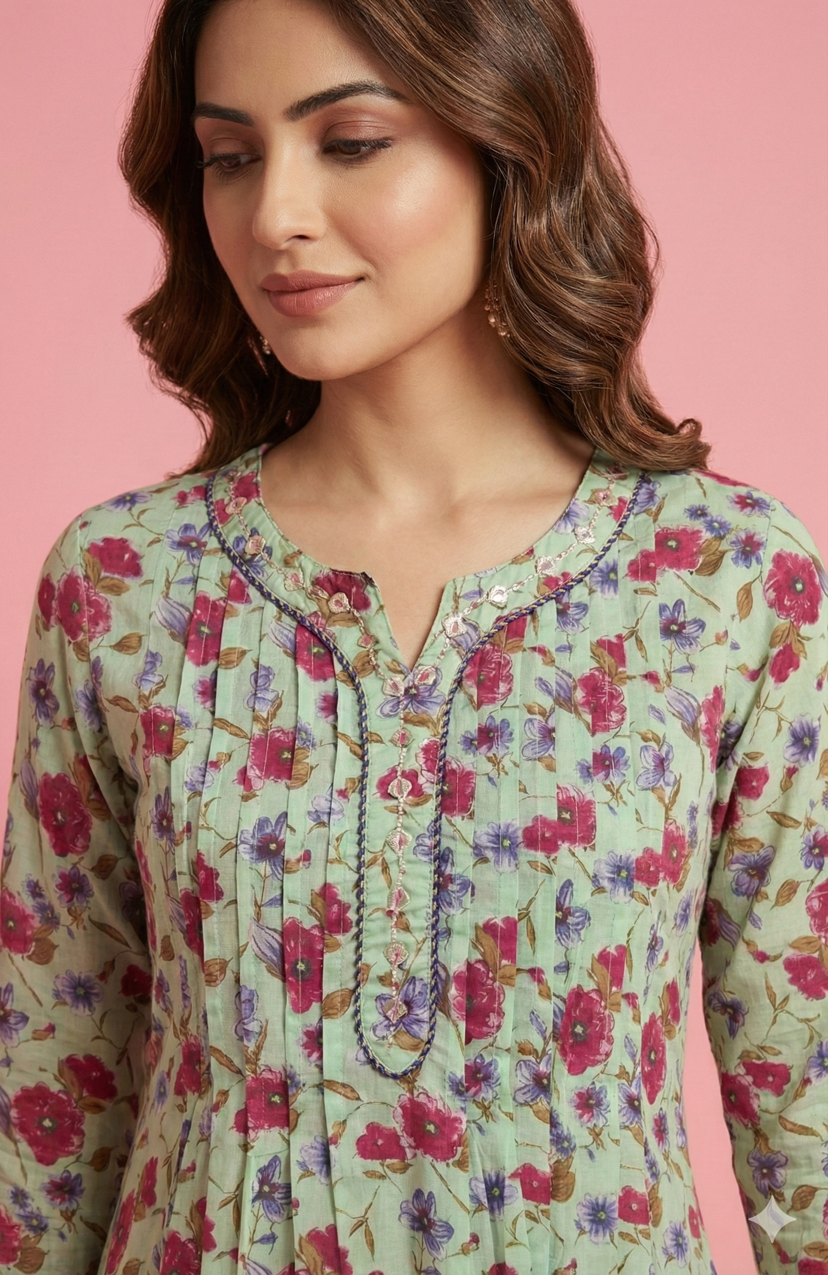 Sea Green Breathable Pure Cotton Kurti Adorned with Delicate Floral Prints