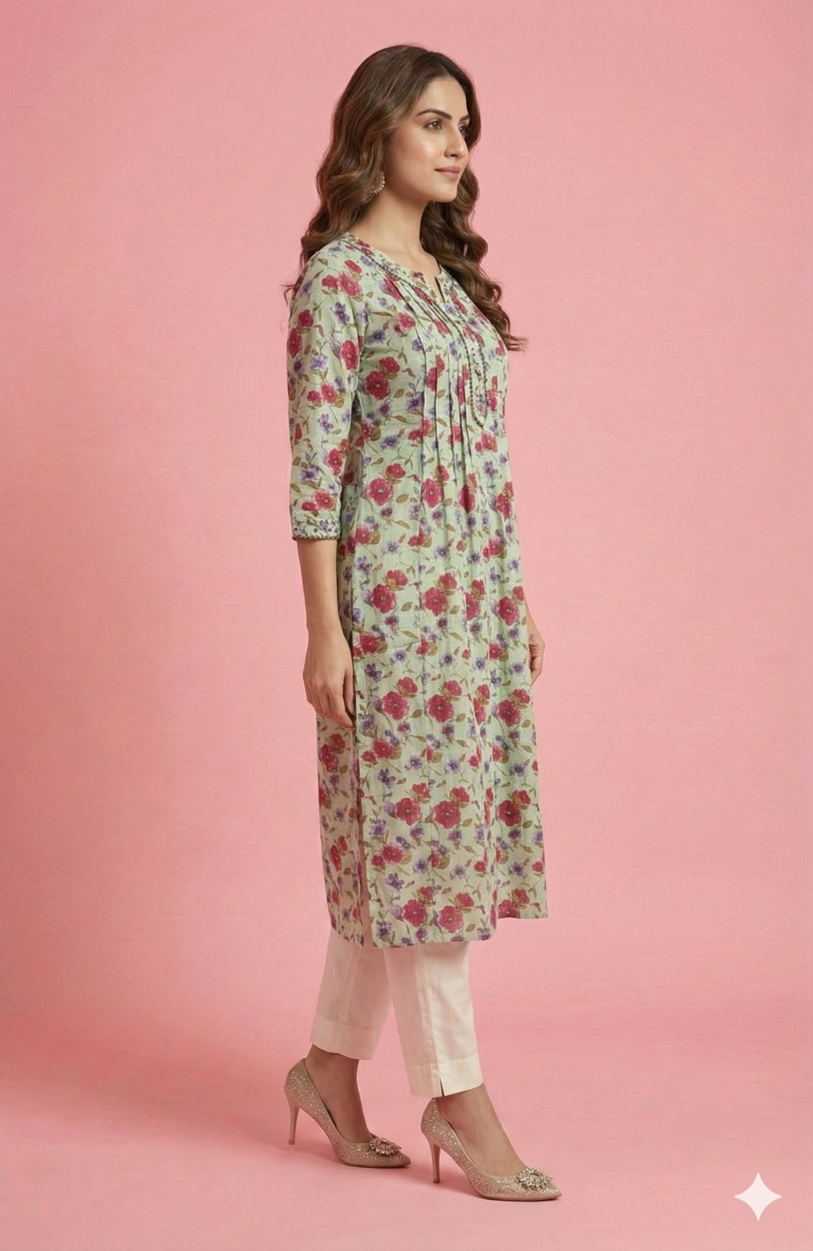 Sea Green Breathable Pure Cotton Kurti Adorned with Delicate Floral Prints