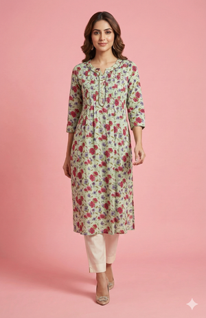 Sea Green Breathable Pure Cotton Kurti Adorned with Delicate Floral Prints