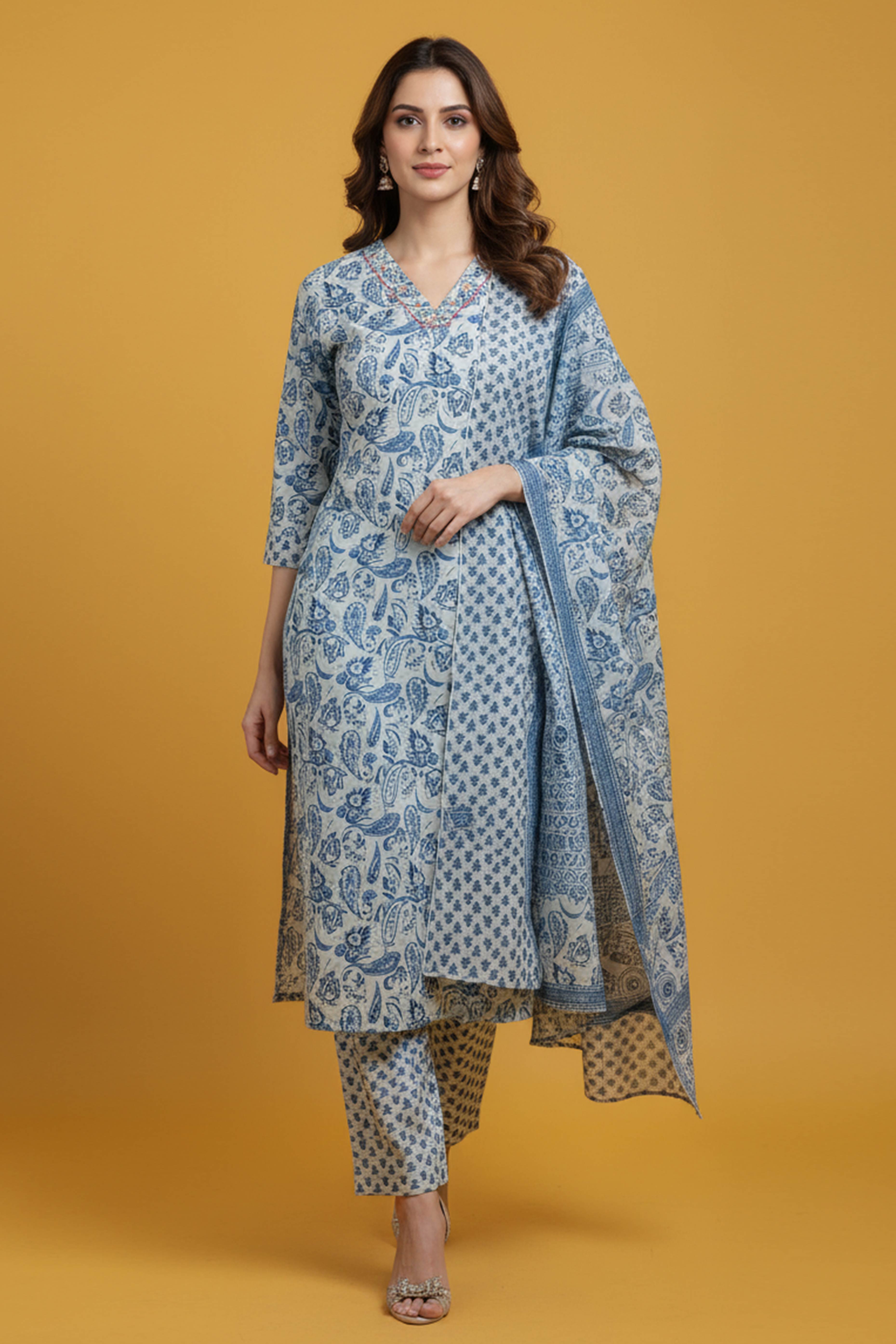 Elegant White Floral Printed Salwar Suit With Intricate Thread Work On Pure Cotton