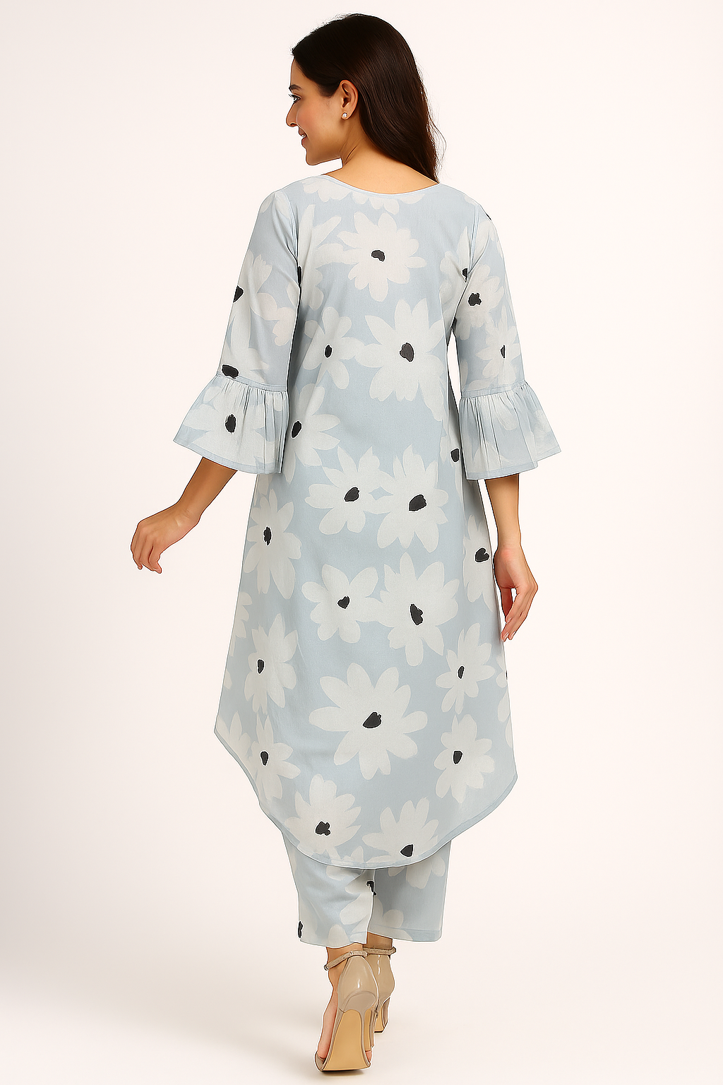 Powder Blue Floral Cotton A-Line Kurta with Matching Bottoms
