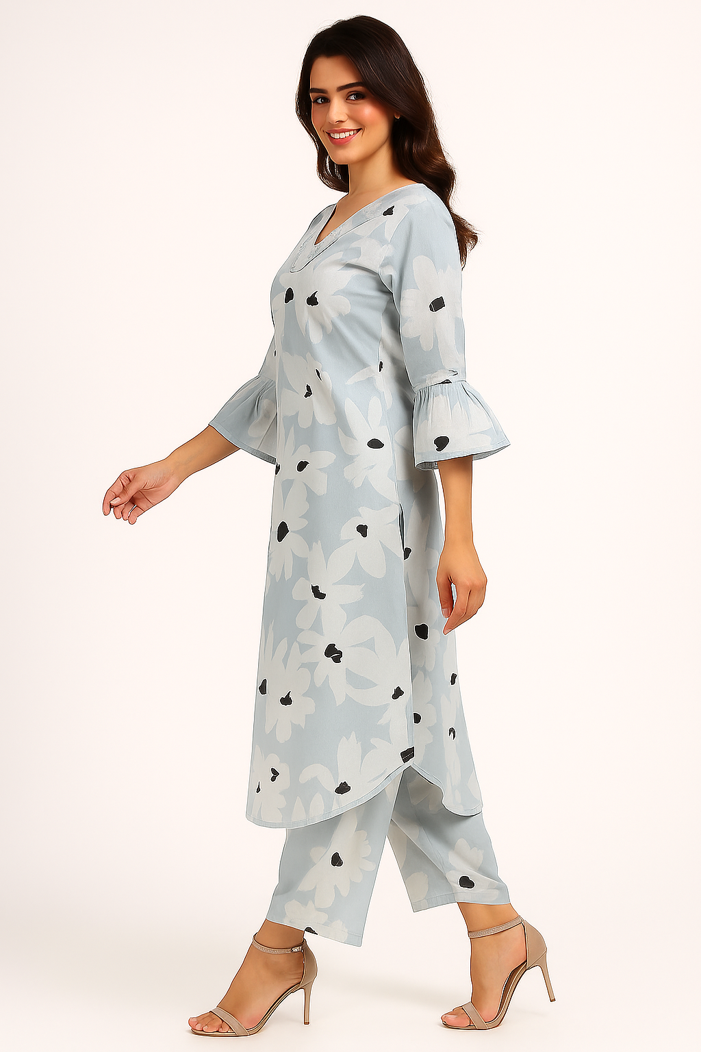 Powder Blue Floral Cotton A-Line Kurta with Matching Bottoms