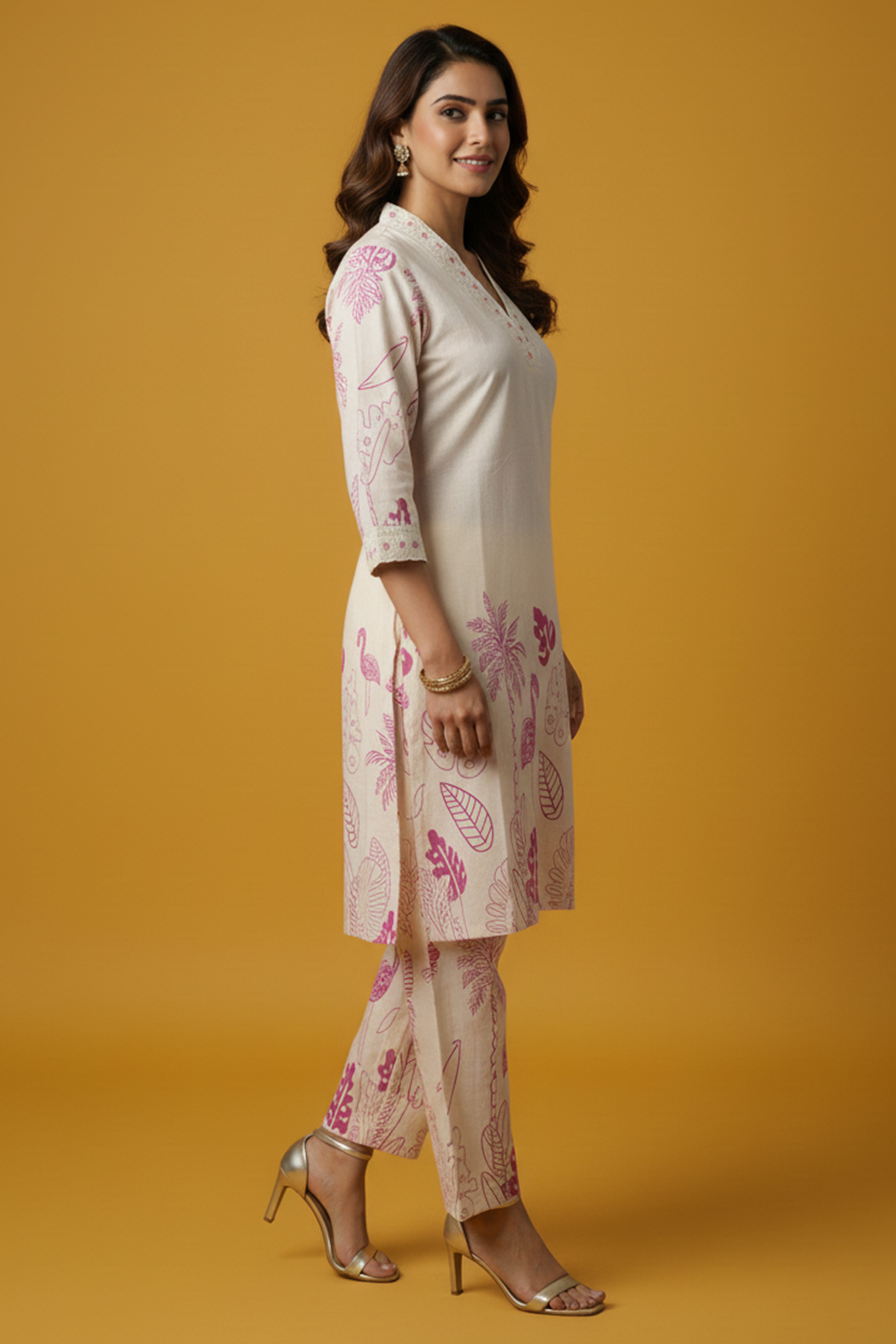 Off White Straight Co-ord in Cotton Flex with Floral Design