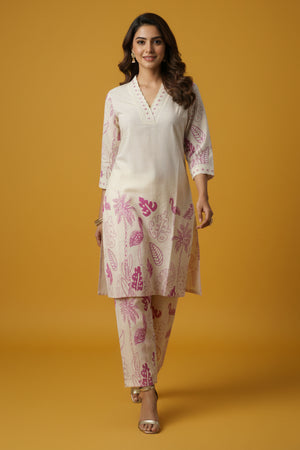Off White Straight Co-ord in Cotton Flex with Floral Design