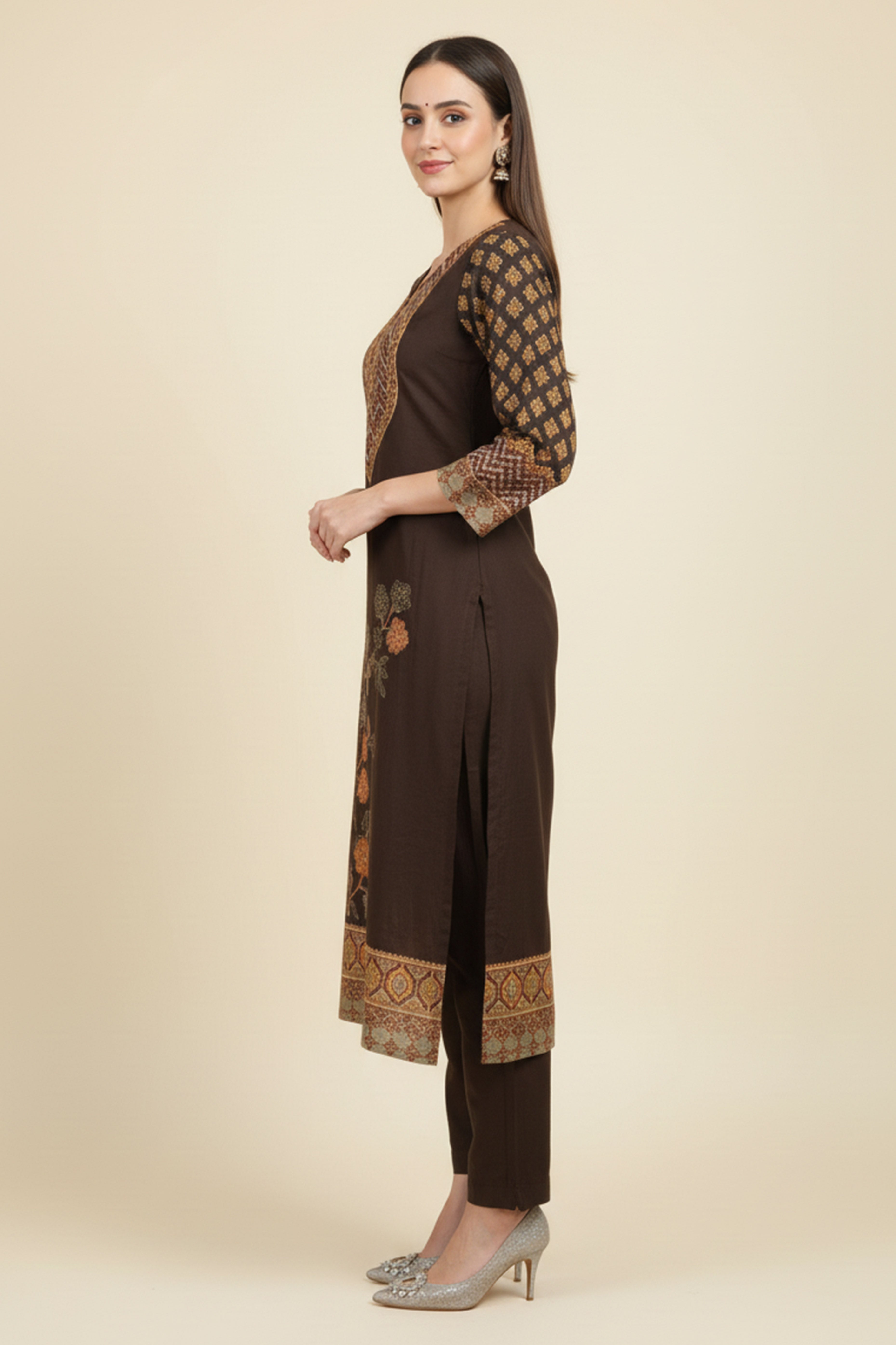 Brown Floral Printed Muslin Straight Salwar Suit with Handwork Detailing for Festive Wear
