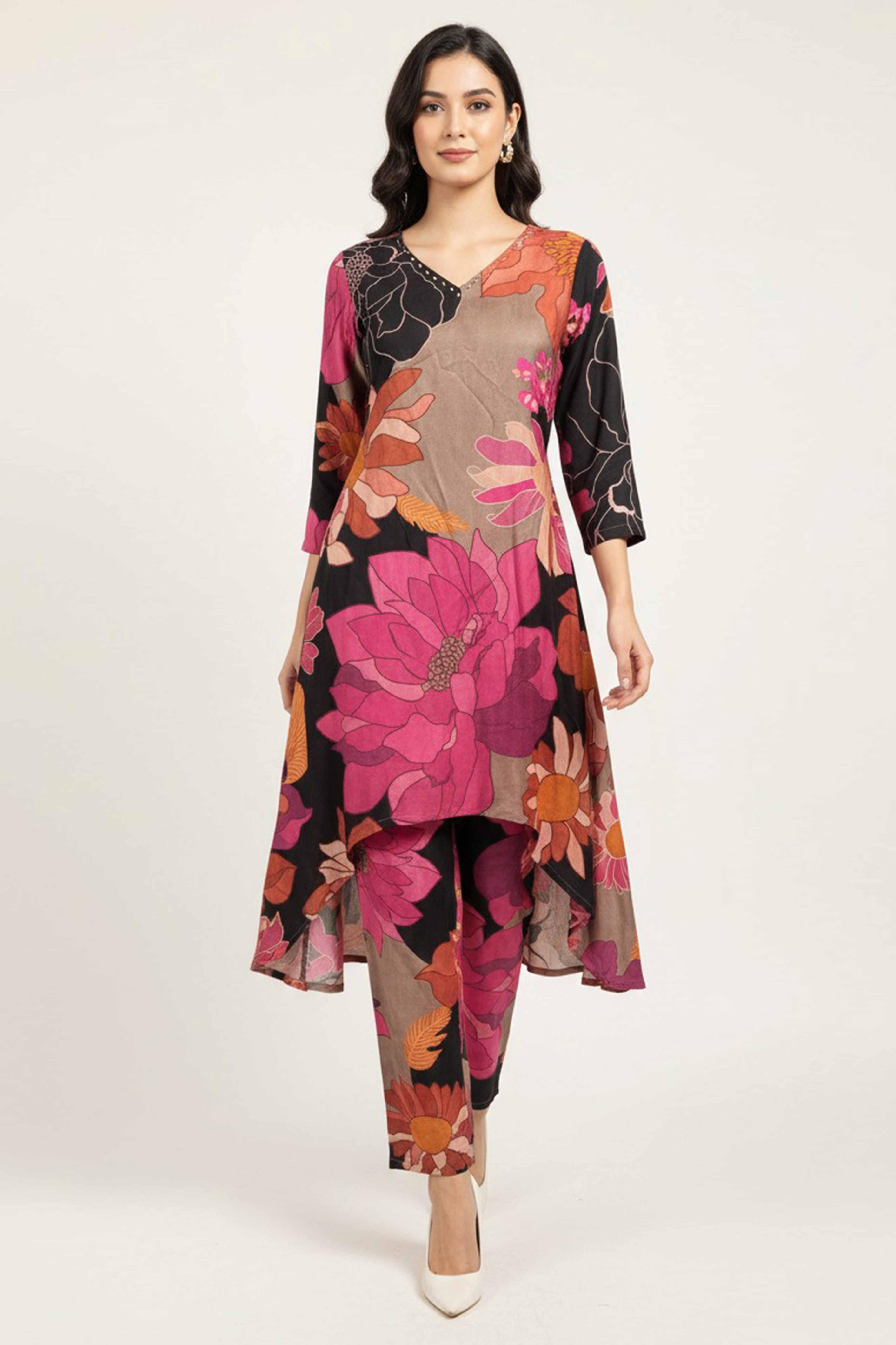 Exclusive A-Line Muslin Top Bottom Set with Multicolor Floral Prints