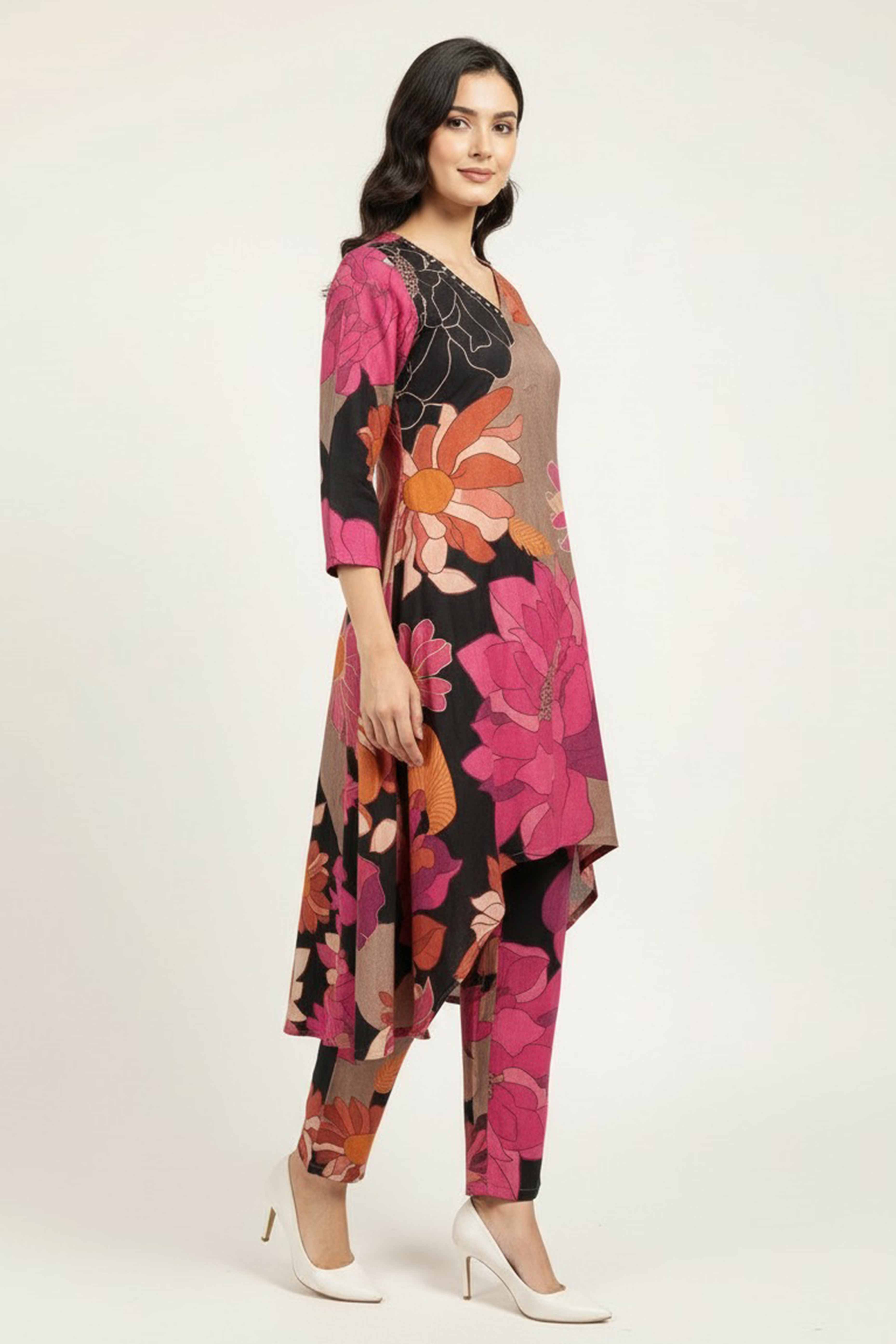 Exclusive A-Line Muslin Top Bottom Set with Multicolor Floral Prints
