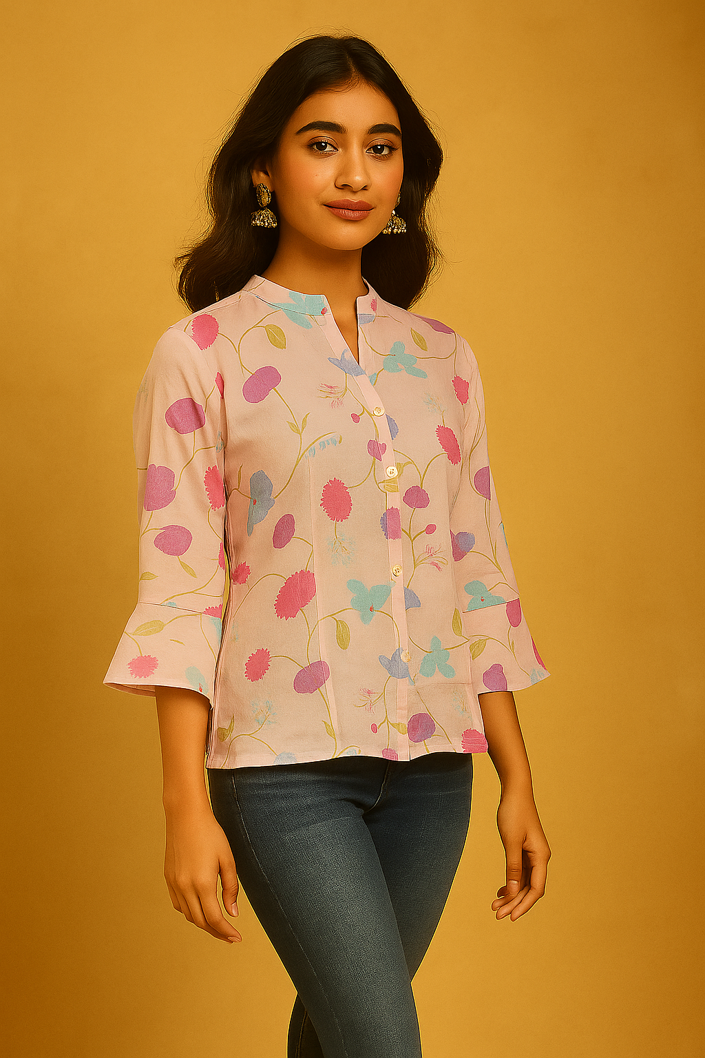 Casual Wear Baby Pink Muslin Shirt with Floral Pattern