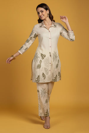 Off White Pure Cotton Flex Top Bottom Set with Floral Designs