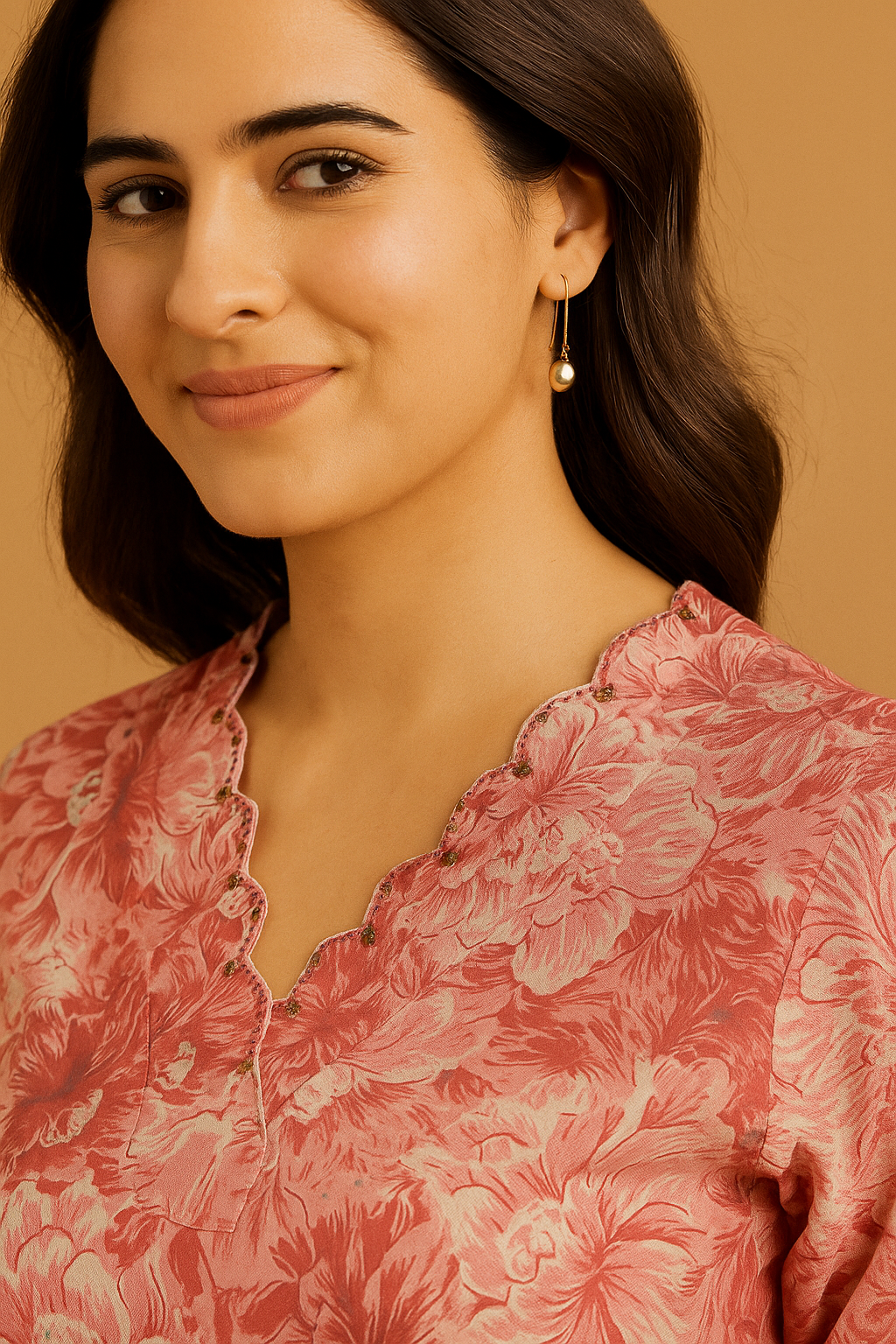 Pink Floral Printed Pure Cotton Two-Piece Set with Neck Embroidery