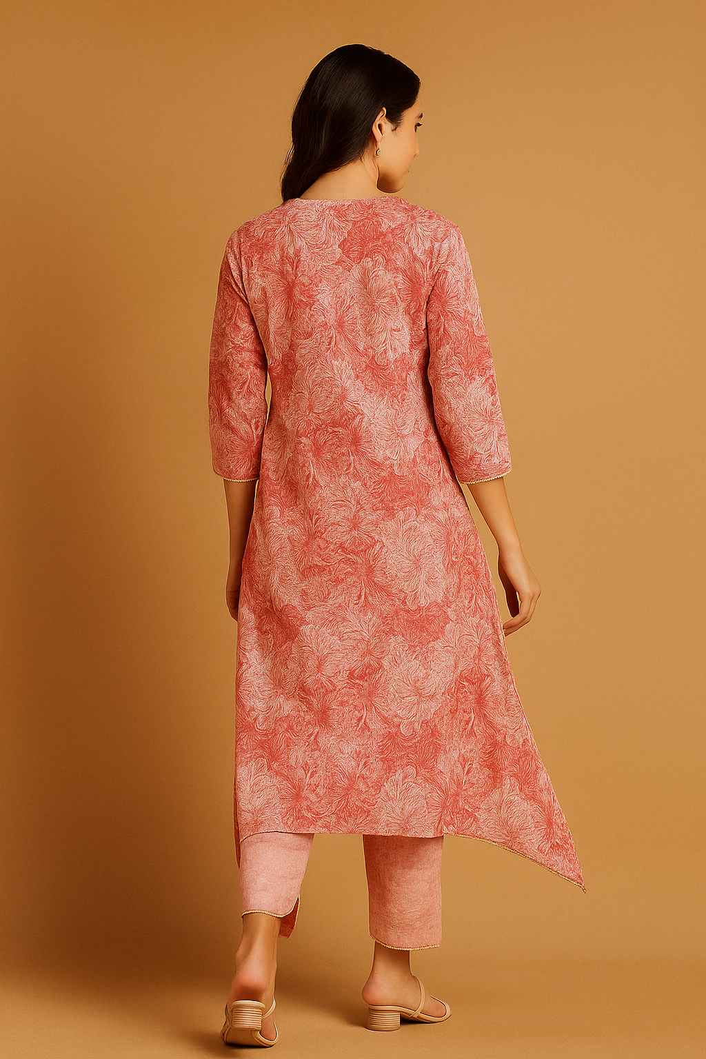 Pink Floral Printed Pure Cotton Two-Piece Set with Neck Embroidery