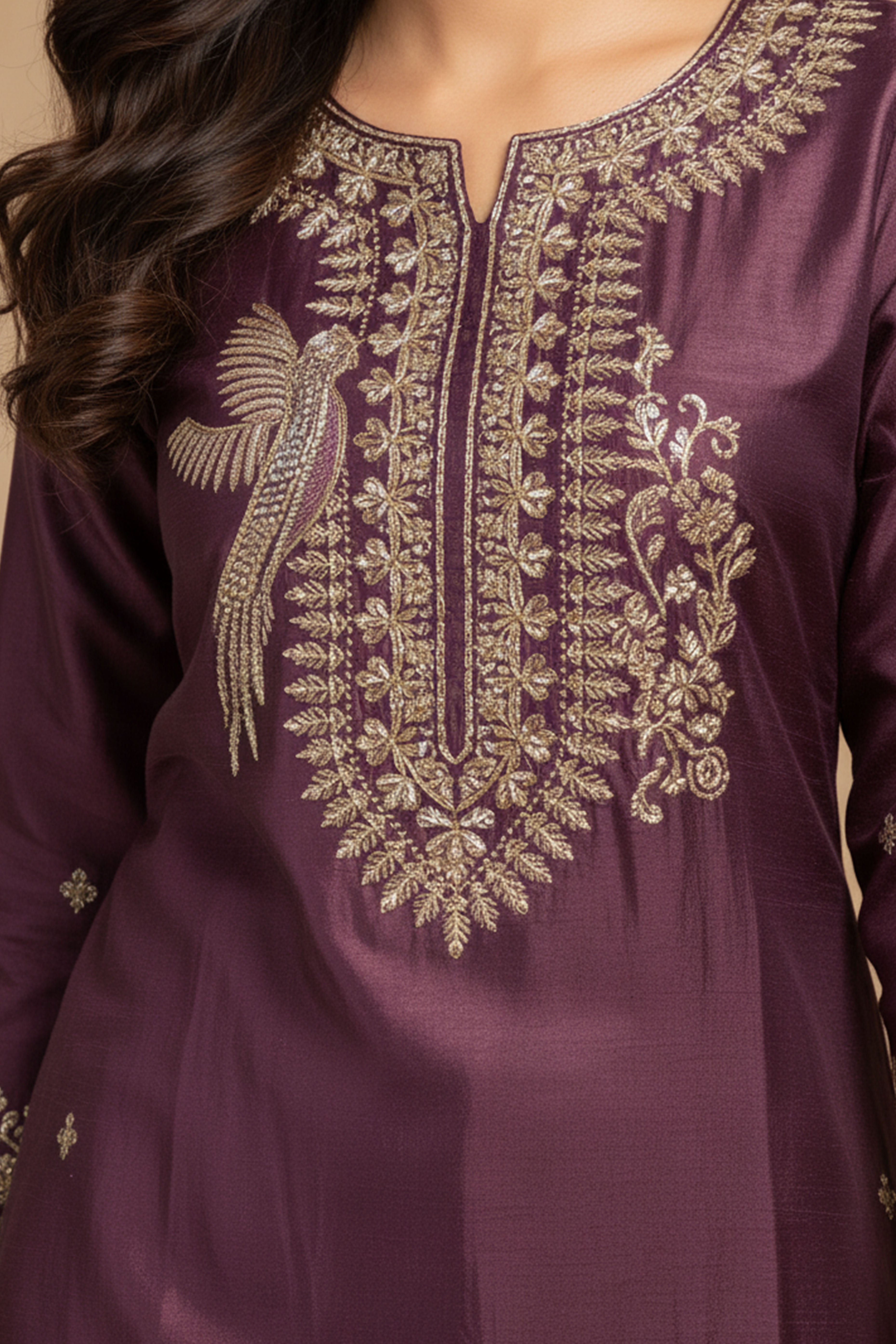 Shimmering Wine Co-ord Set in Viscose Blend with Embroidered Detailing