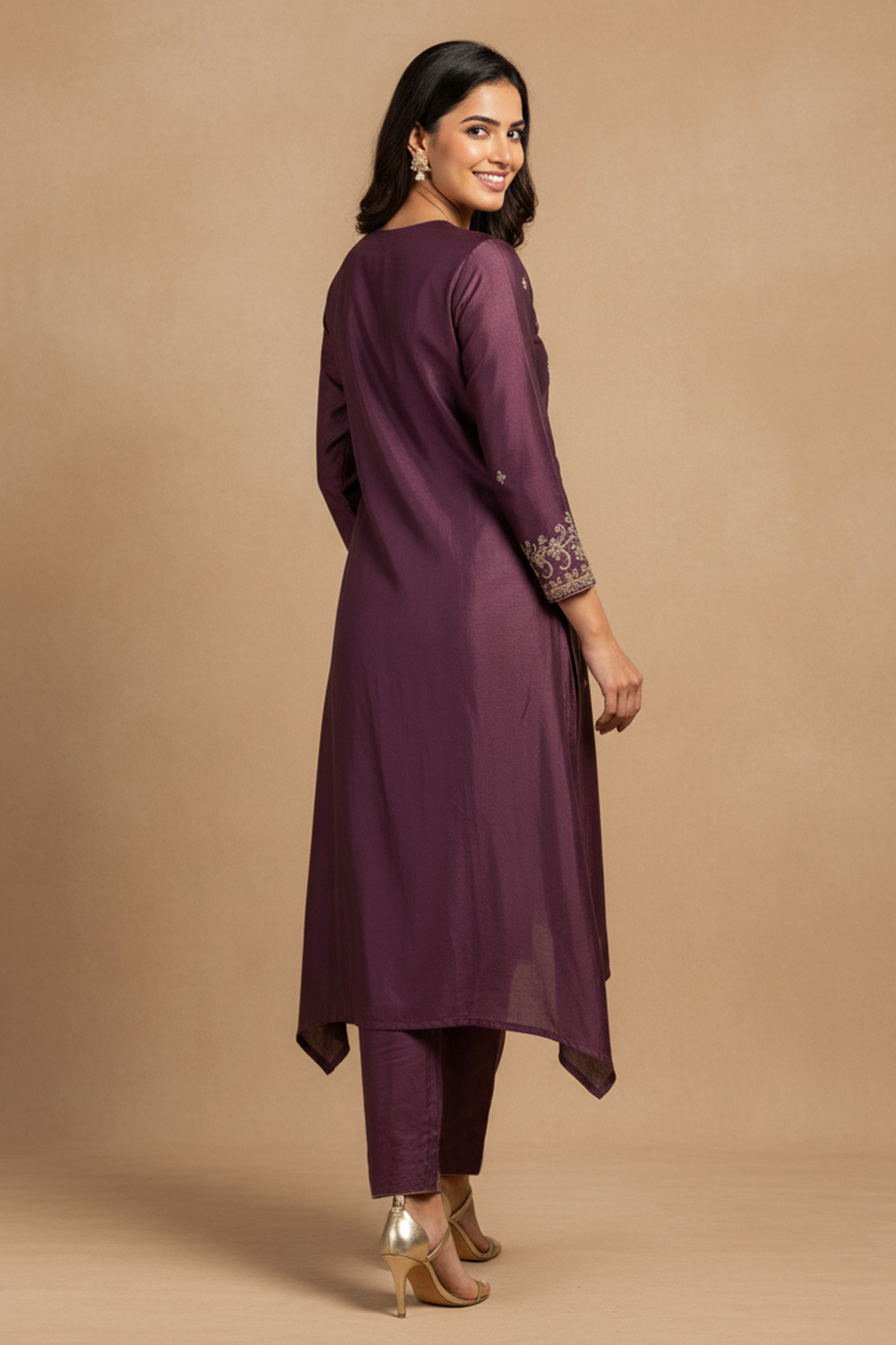 Shimmering Wine Co-ord Set in Viscose Blend with Embroidered Detailing