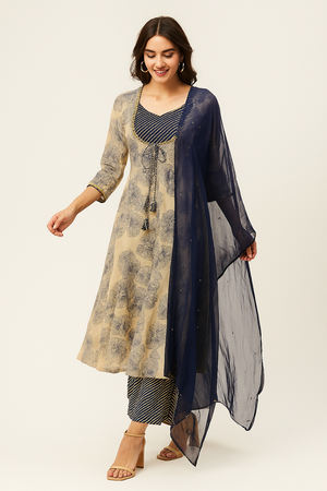 Off White Floral Printed Anarkali Suit in Premium Pure Cotton Fabric