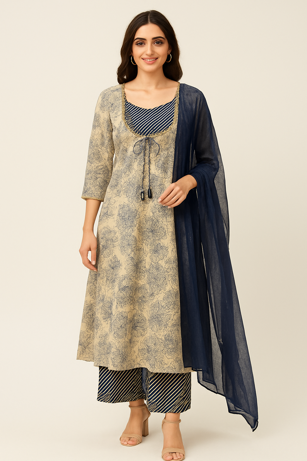 Off White Floral Printed Anarkali Suit in Premium Pure Cotton Fabric