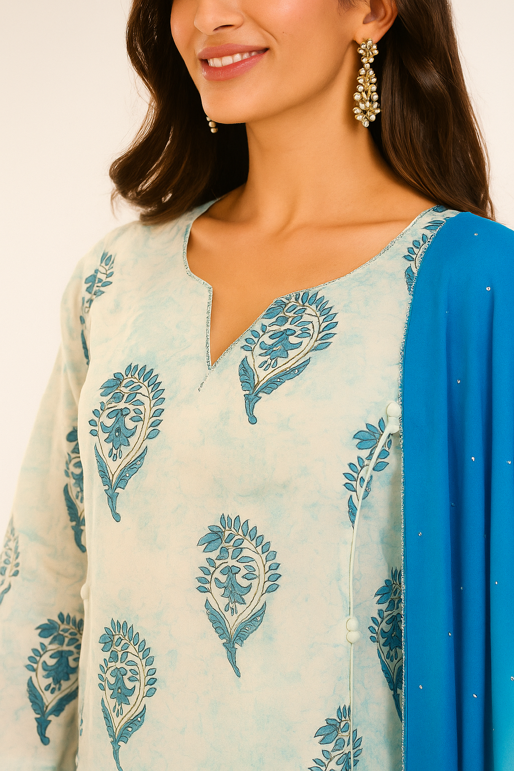 White Pure Cotton Straight Salwar Suit Enhanced with Block Print Detailing